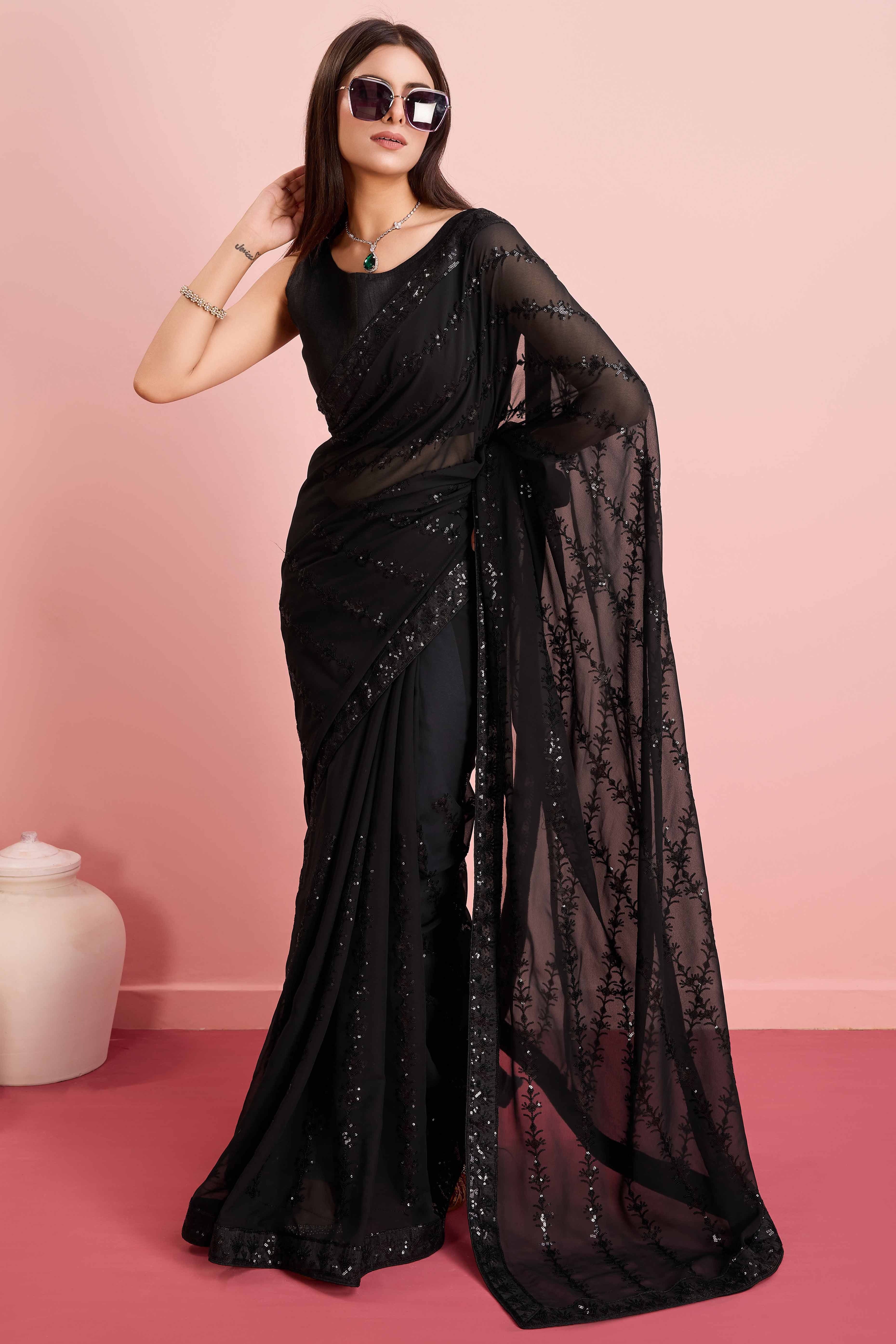 Black Floral Sequins Embroidered Georgette Saree