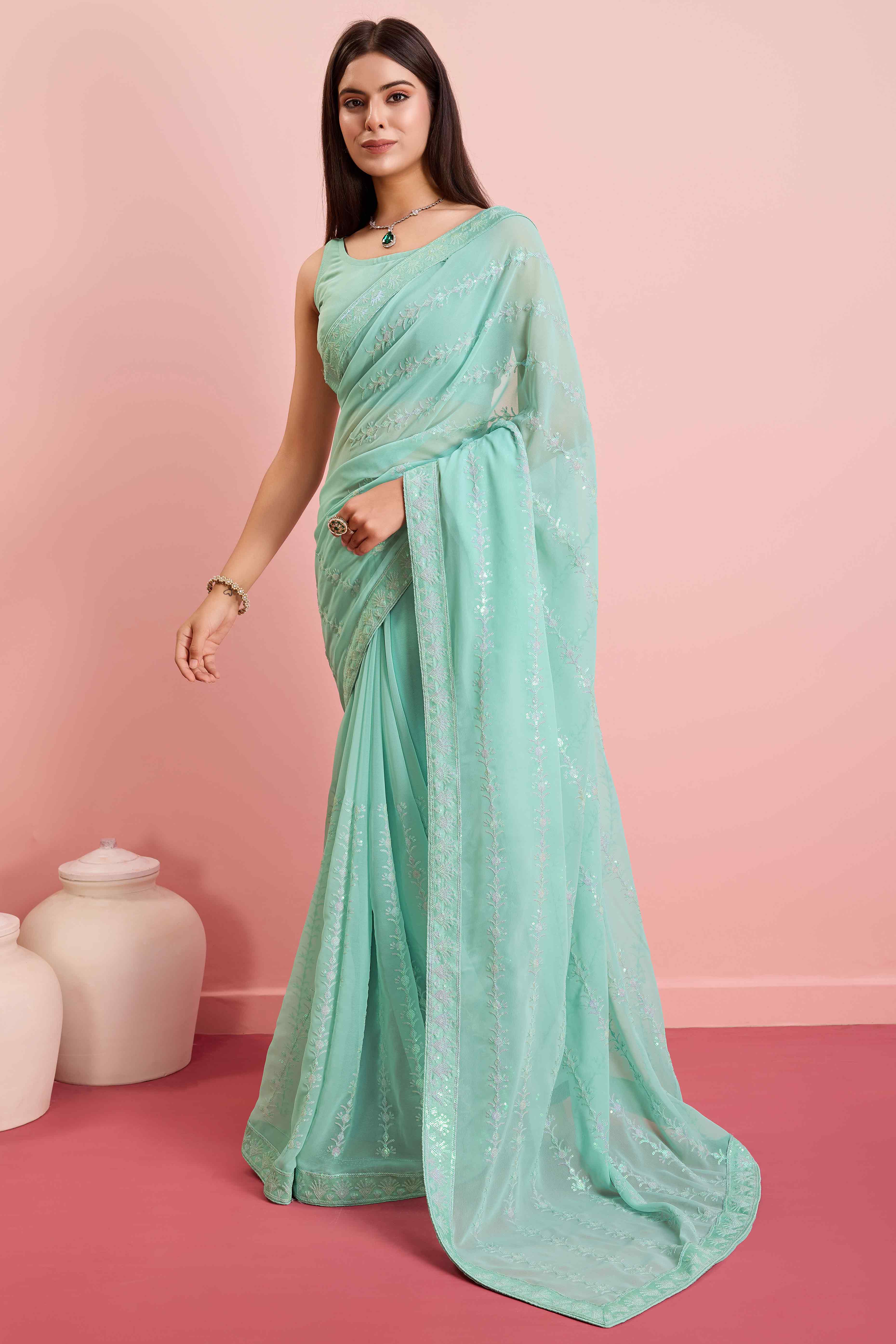 Turquoise Floral Sequins Embroidered Georgette Saree