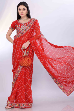 Red Bandhani Printed Georgette Saree Framed With Elegant Embroidered Border