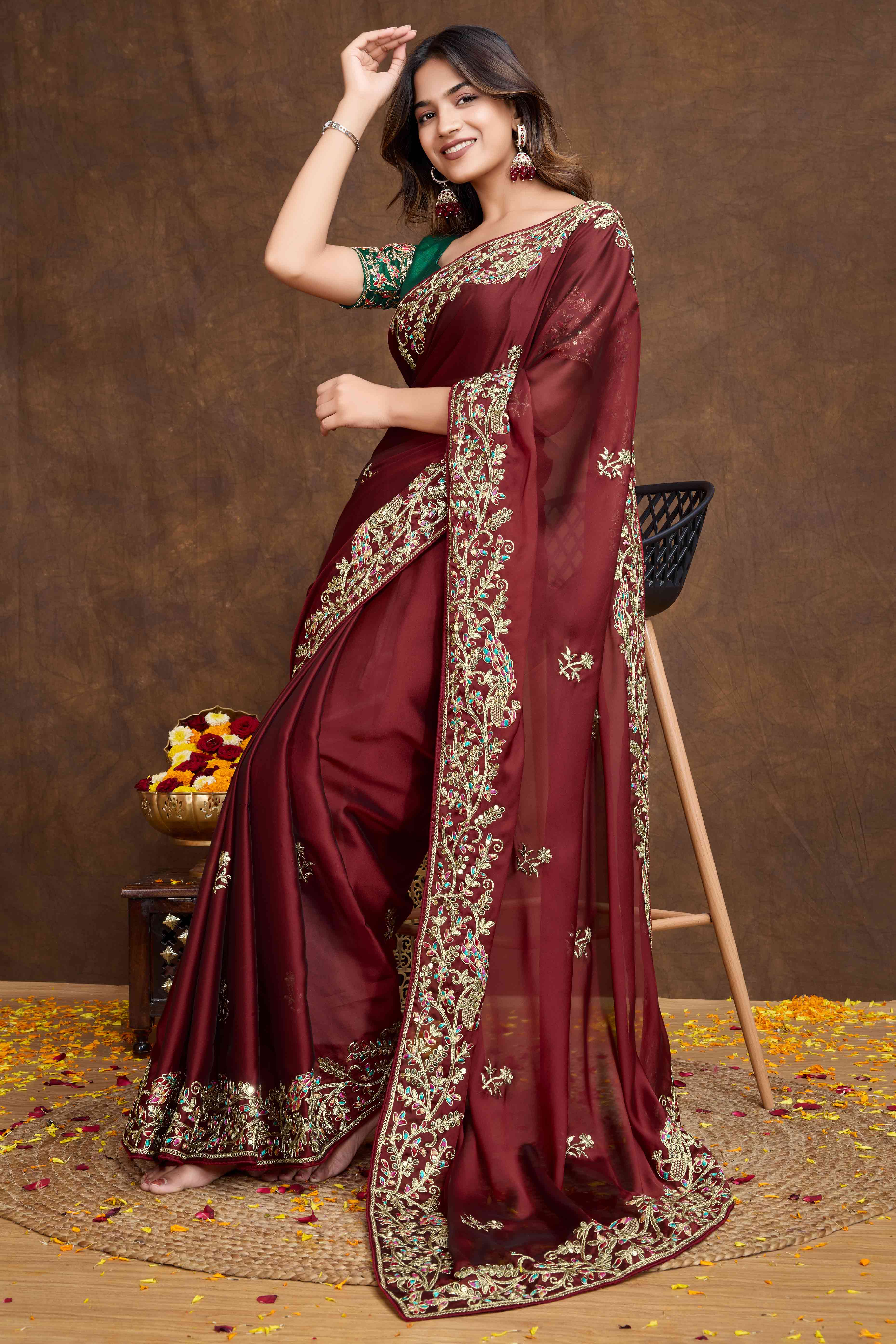 Maroon Floral Sequins Embroidered Vichitra Rangoli Silk Saree