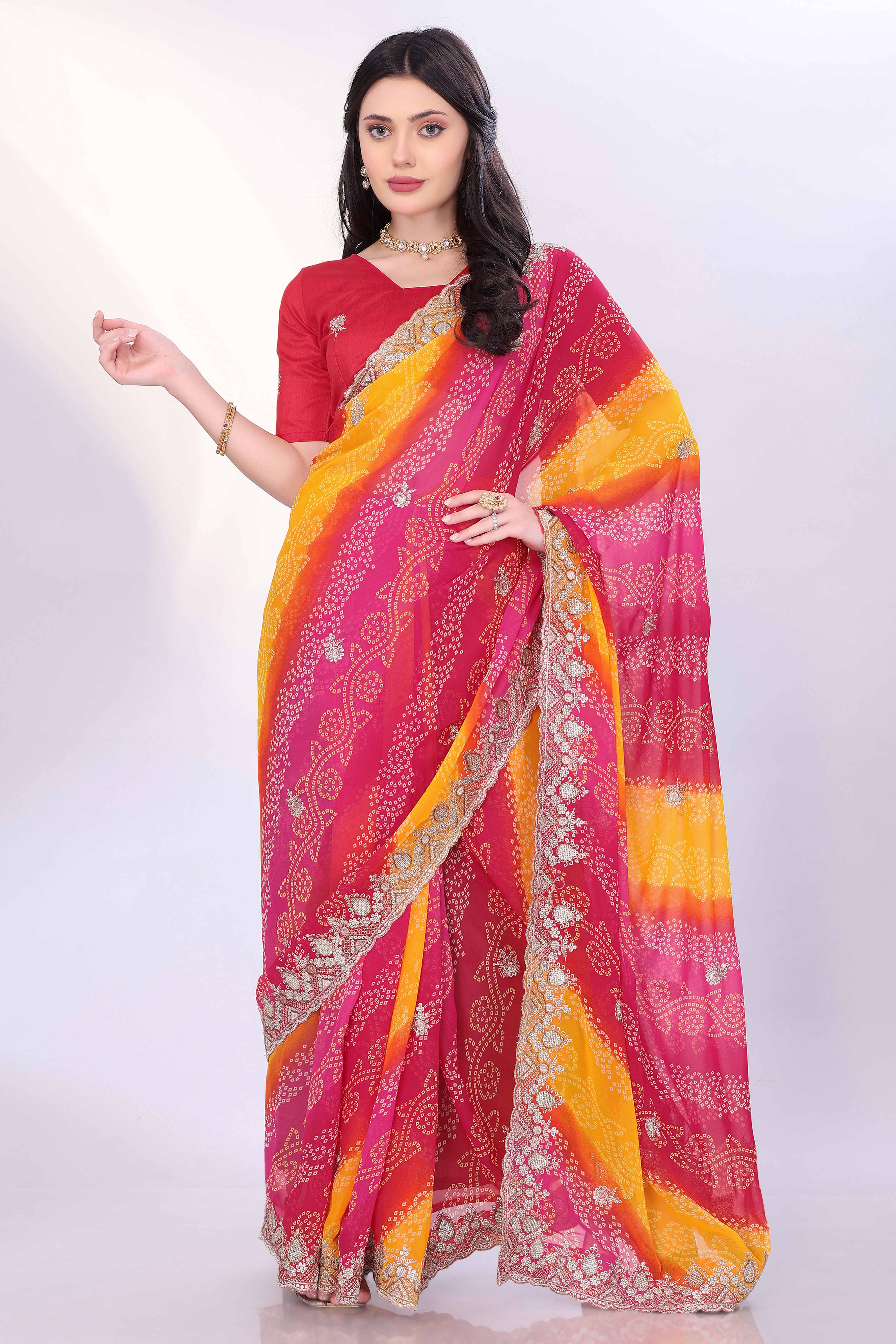 Pink Georgette Saree Showcasing Bandhani Print & Delicate Floral Sequins Embroidery