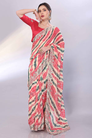 9Multicolor Georgette Saree Showcasing Bandhani Print & Delicate Floral Sequins Embroidery