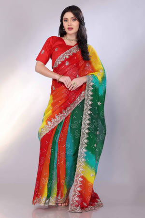 Multicolor Georgette Saree Showcasing Bandhani Print & Delicate Floral Sequins Embroidery