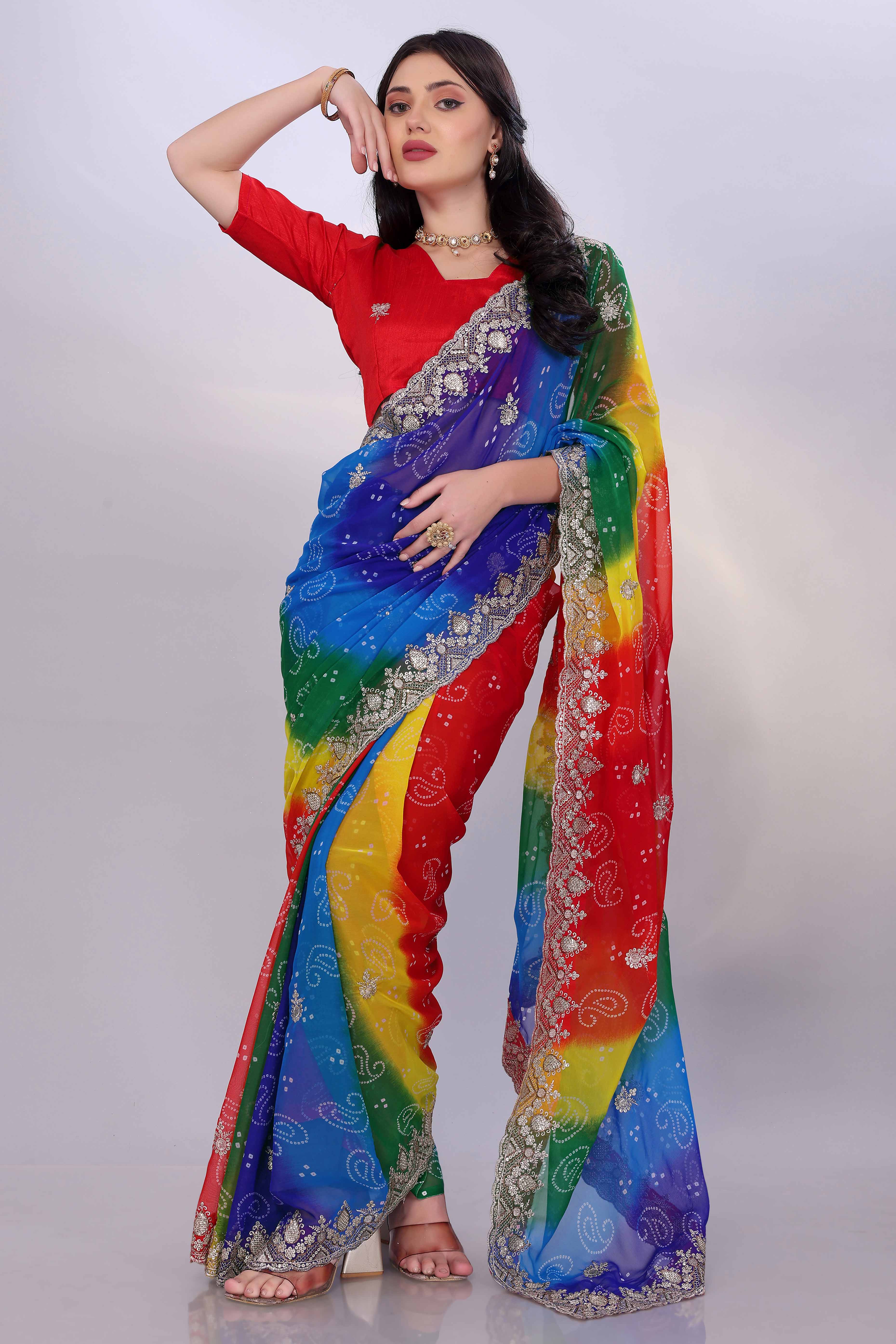 Multicolor Georgette Saree Showcasing Bandhani Print & Delicate Floral Sequins Embroidery