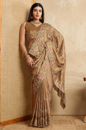 Brown Embroidered Art Silk Saree with Shimmering Sequin Highlights