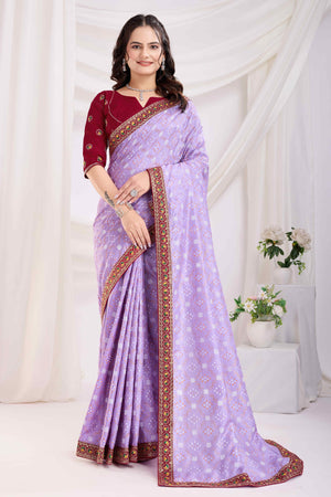 Lavender Bandhani Printed Vichitra Silk Saree With Embroidery Border