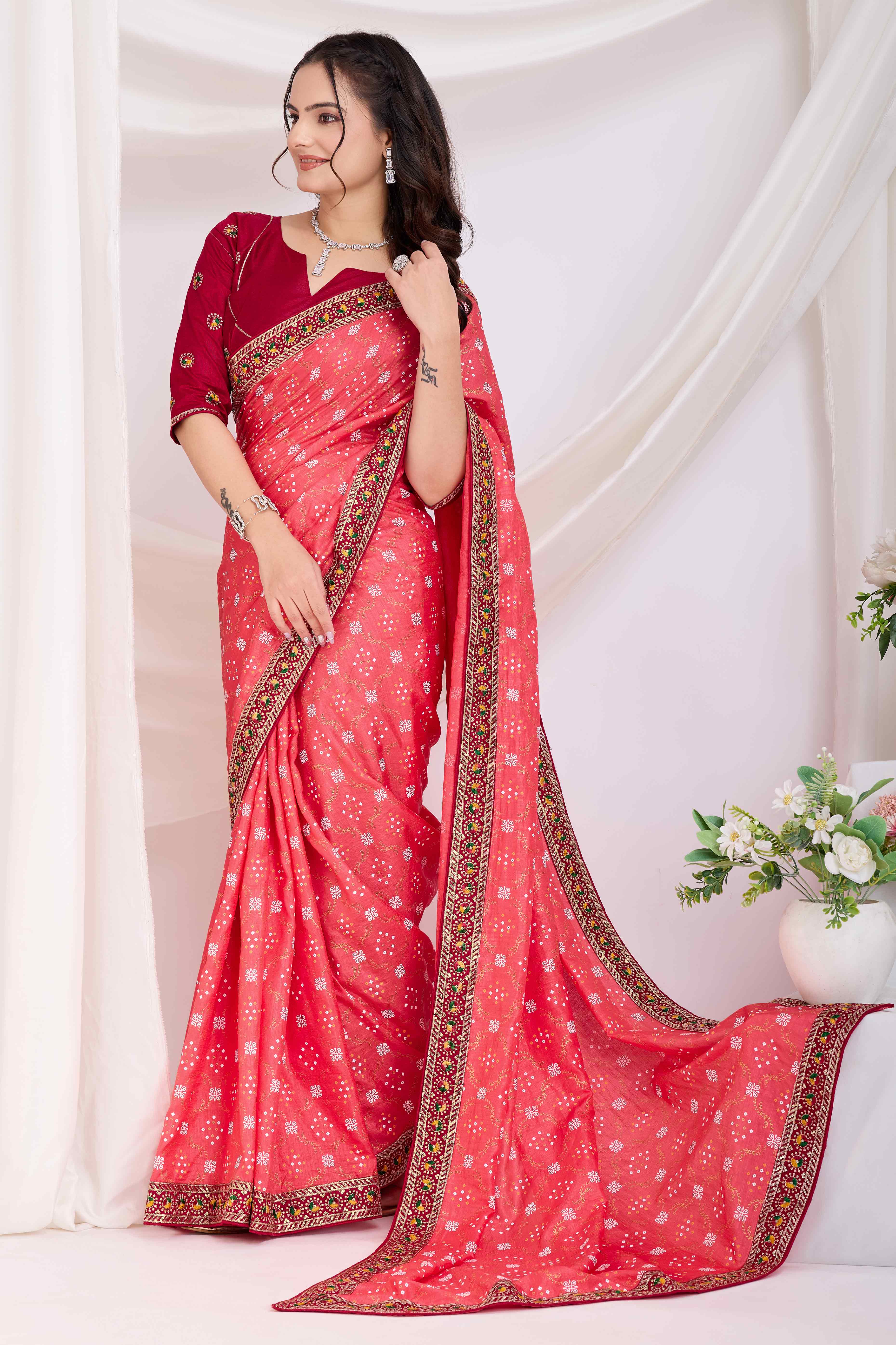 Gajari Pink Bandhani Printed Vichitra Silk Saree With Embroidery Border
