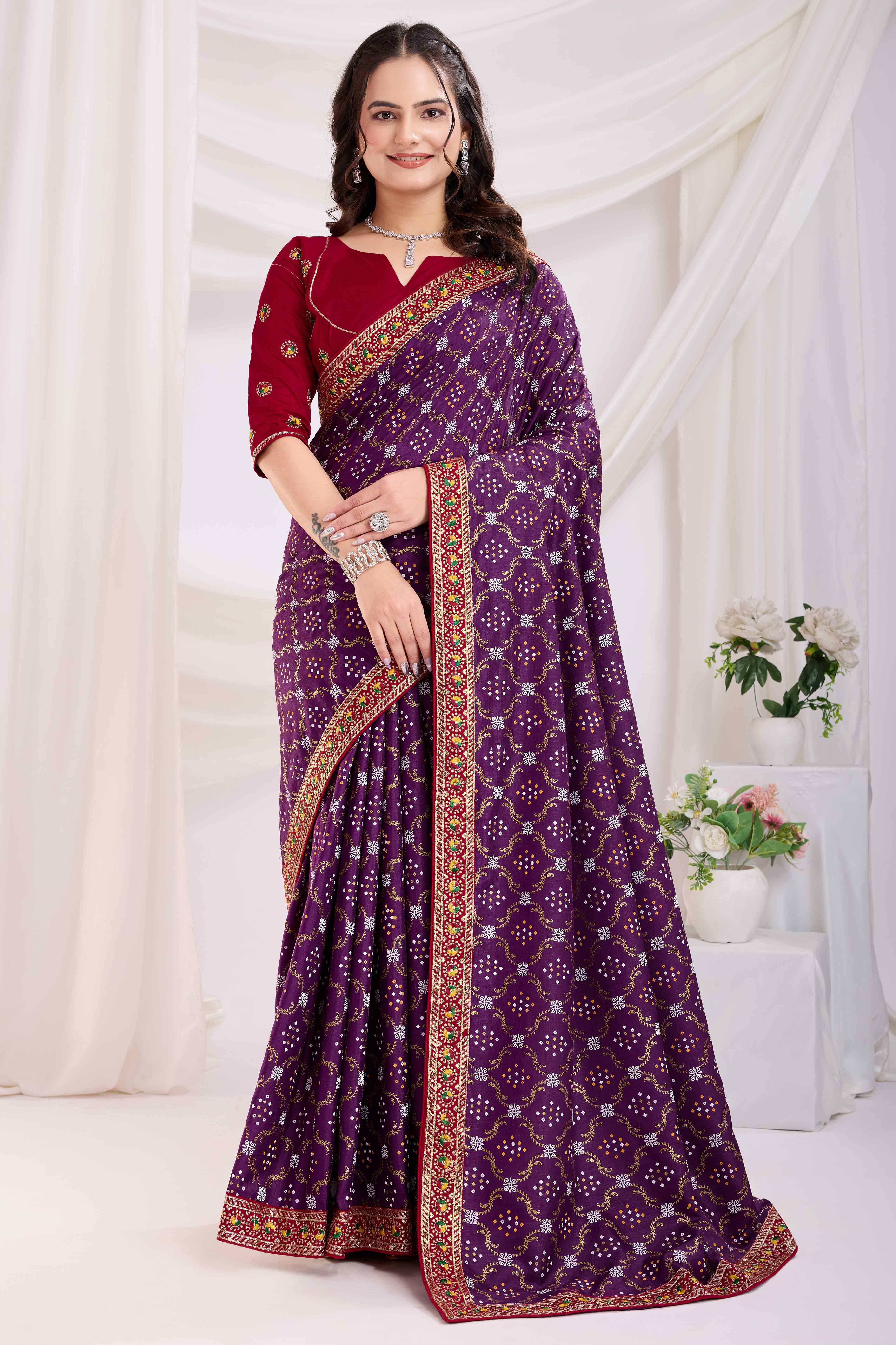 Wine Bandhani Printed Vichitra Silk Saree With Embroidery Border