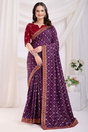 Wine Bandhani Printed Vichitra Silk Saree With Embroidery Border