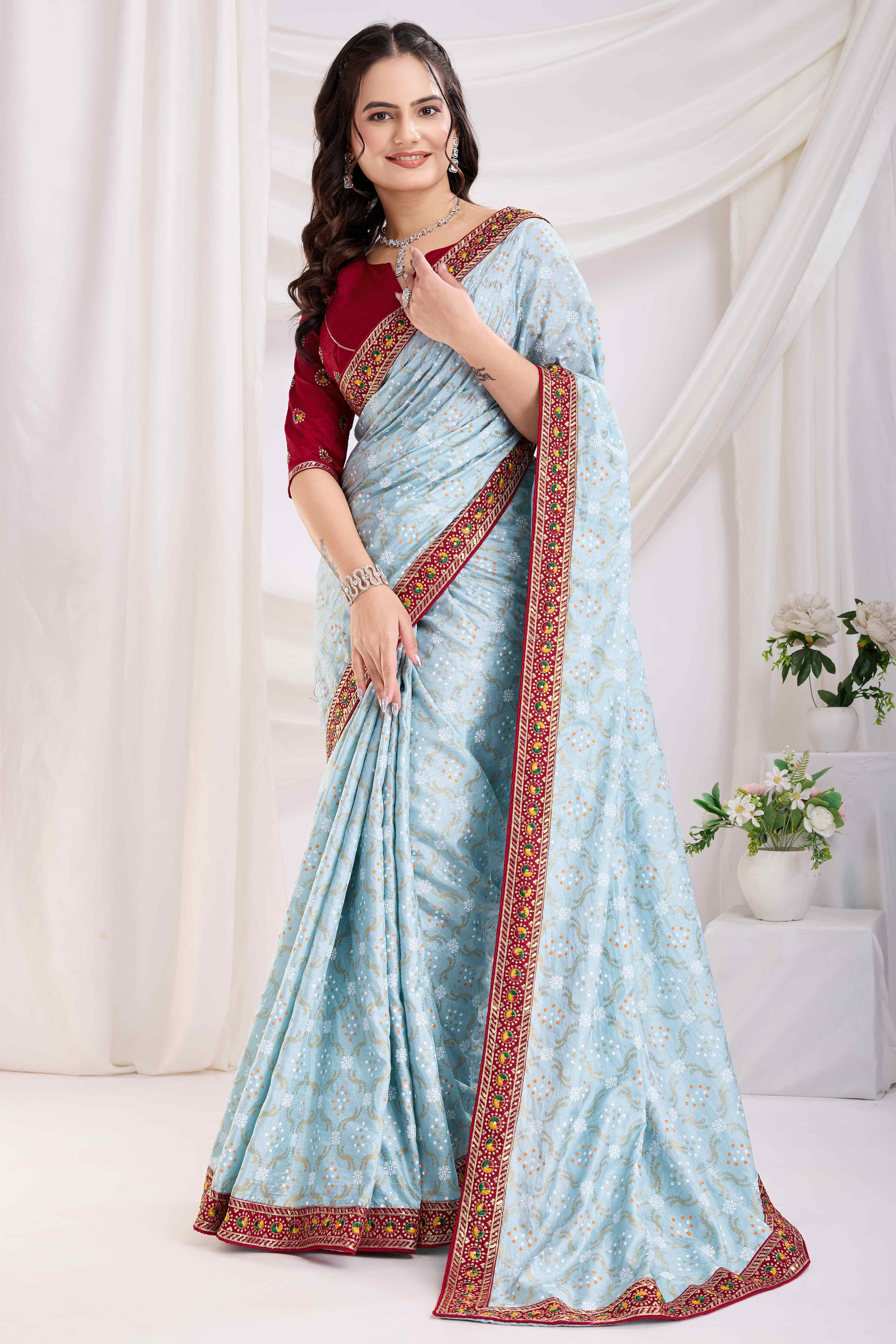 Light Blue Bandhani Printed Vichitra Silk Saree With Embroidery Border