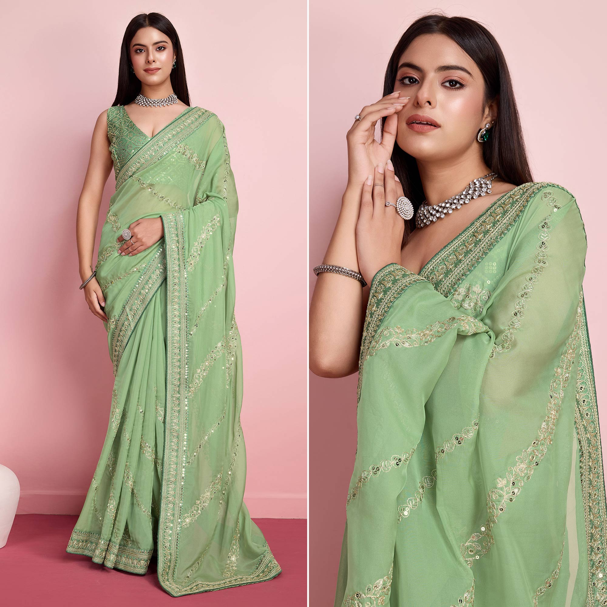 Green Floral Sequins Embroidered Organza Saree