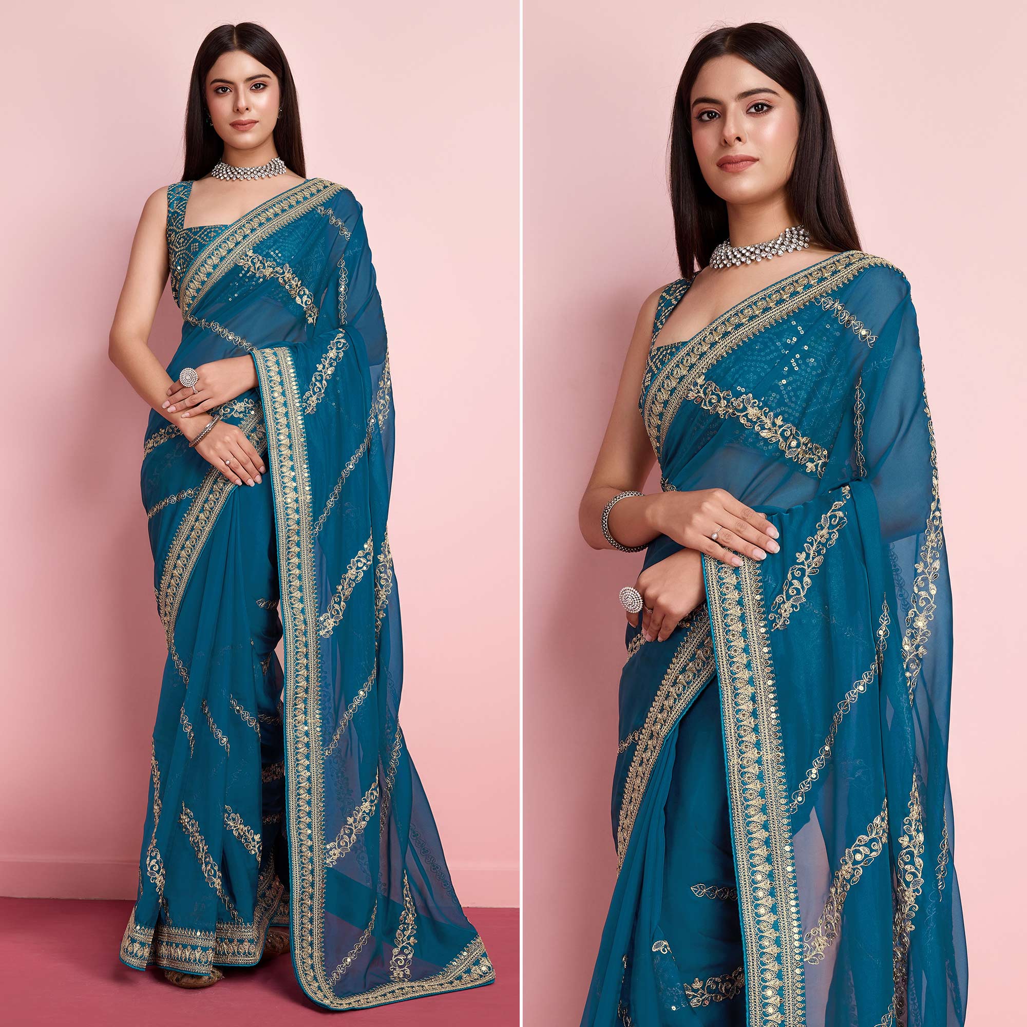 Blue Floral Sequins Embroidered Organza Saree