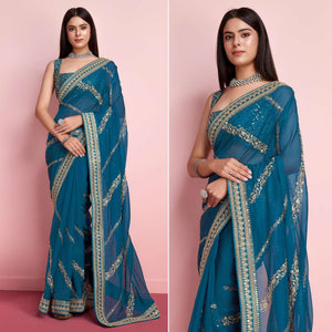 Blue Floral Sequins Embroidered Organza Saree