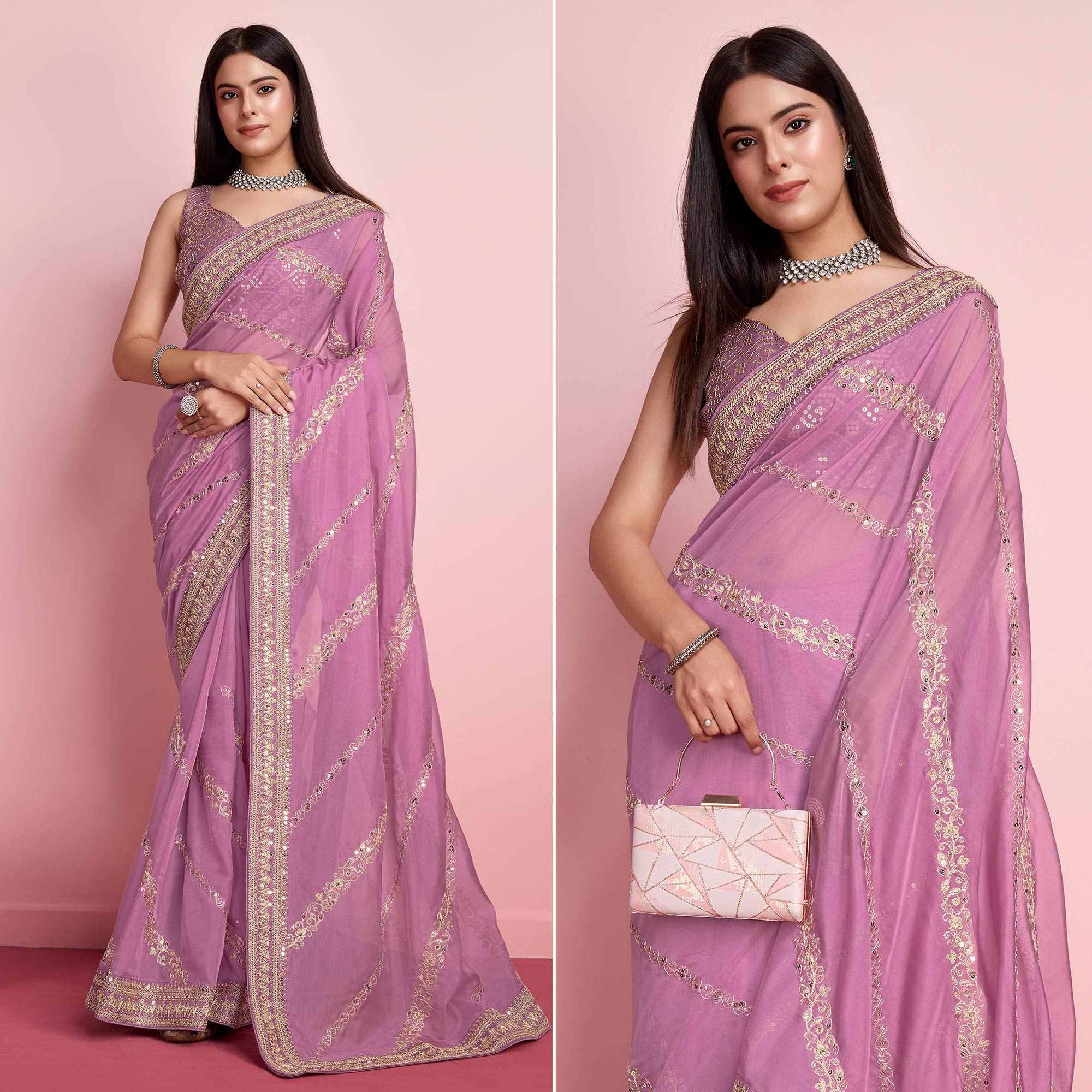 Pink Floral Sequins Embroidered Organza Saree