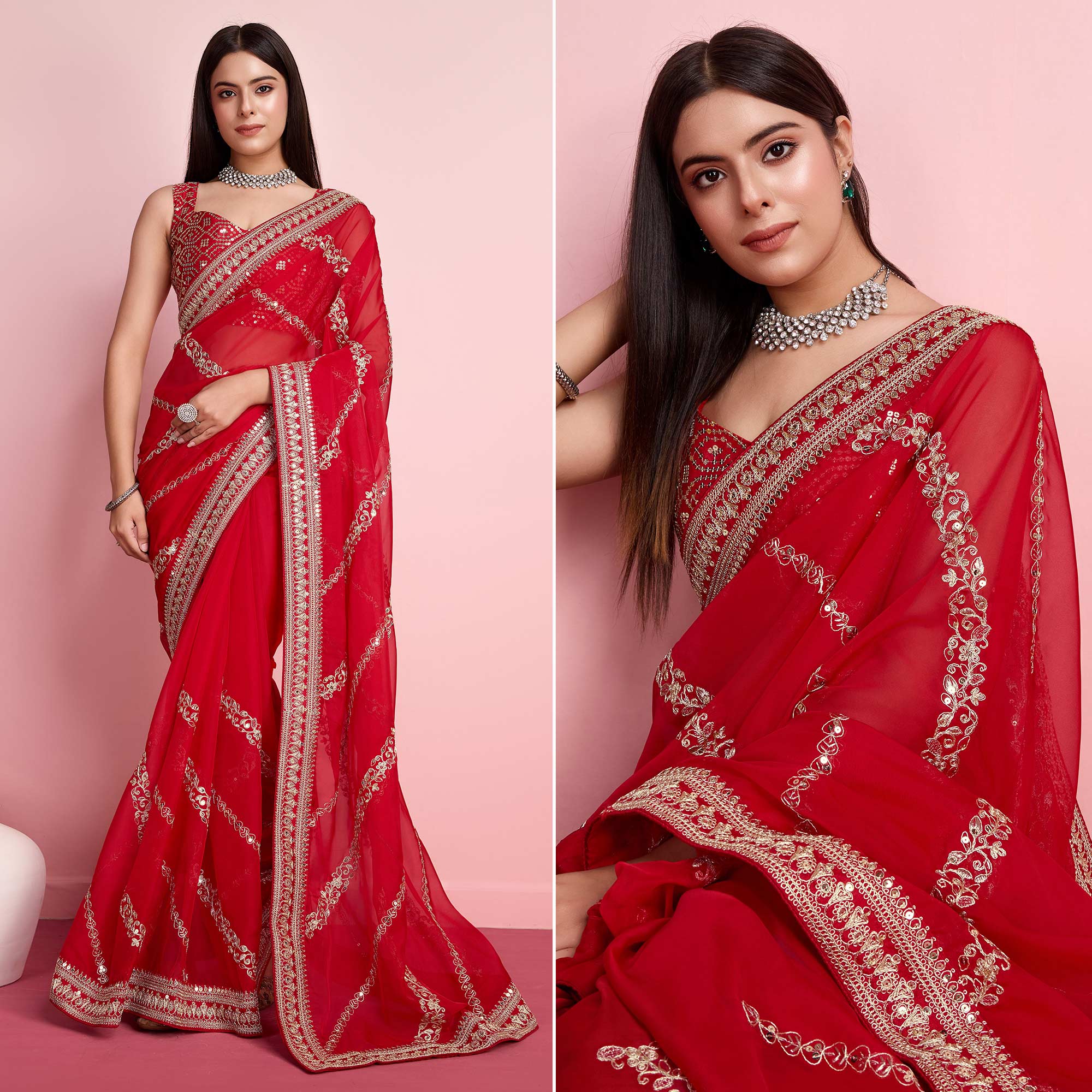Red Floral Sequins Embroidered Organza Saree