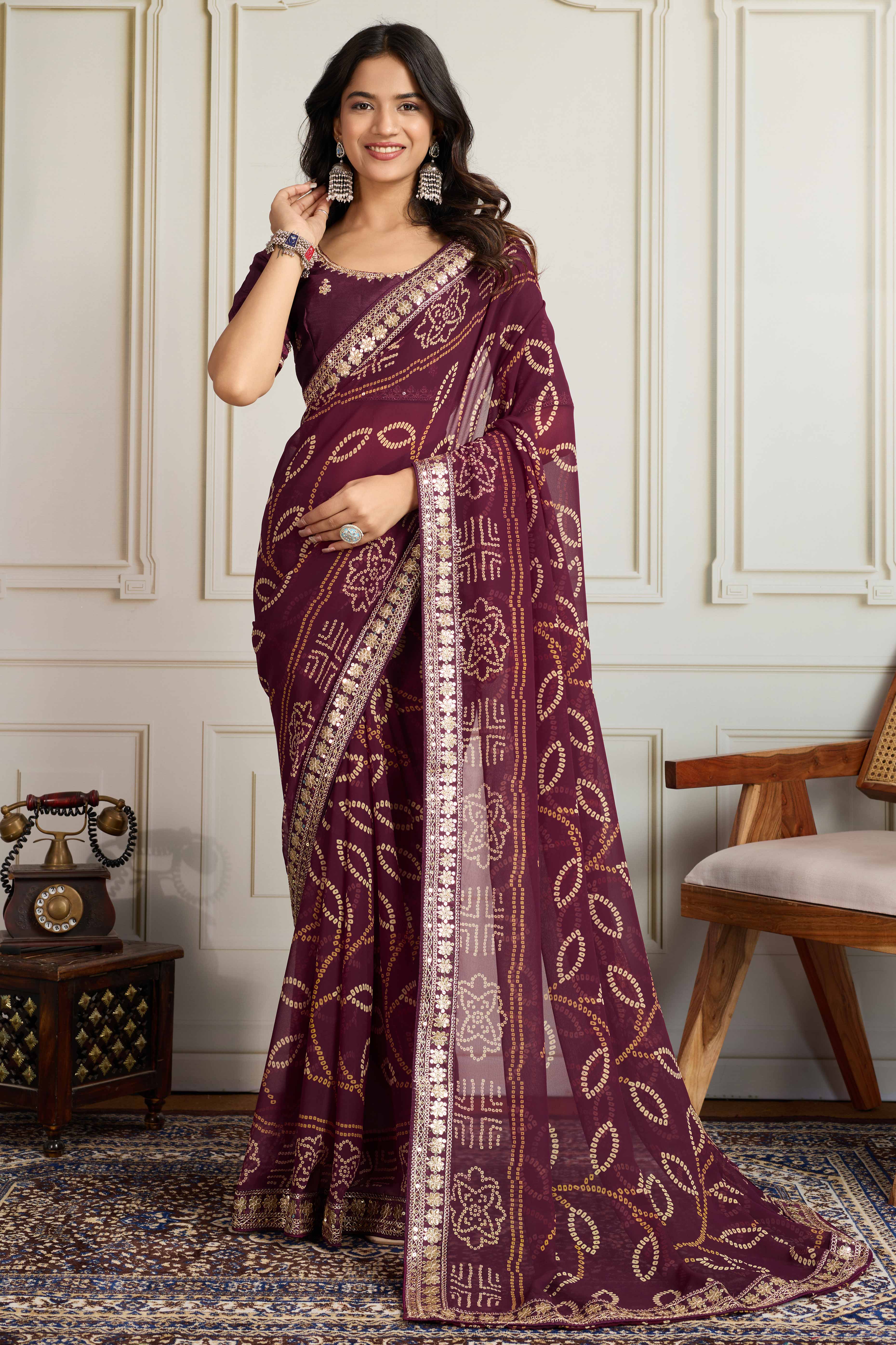 Wine Bandhani Digital Printed Georgette Saree Enhanced With Cording Embroidered Border