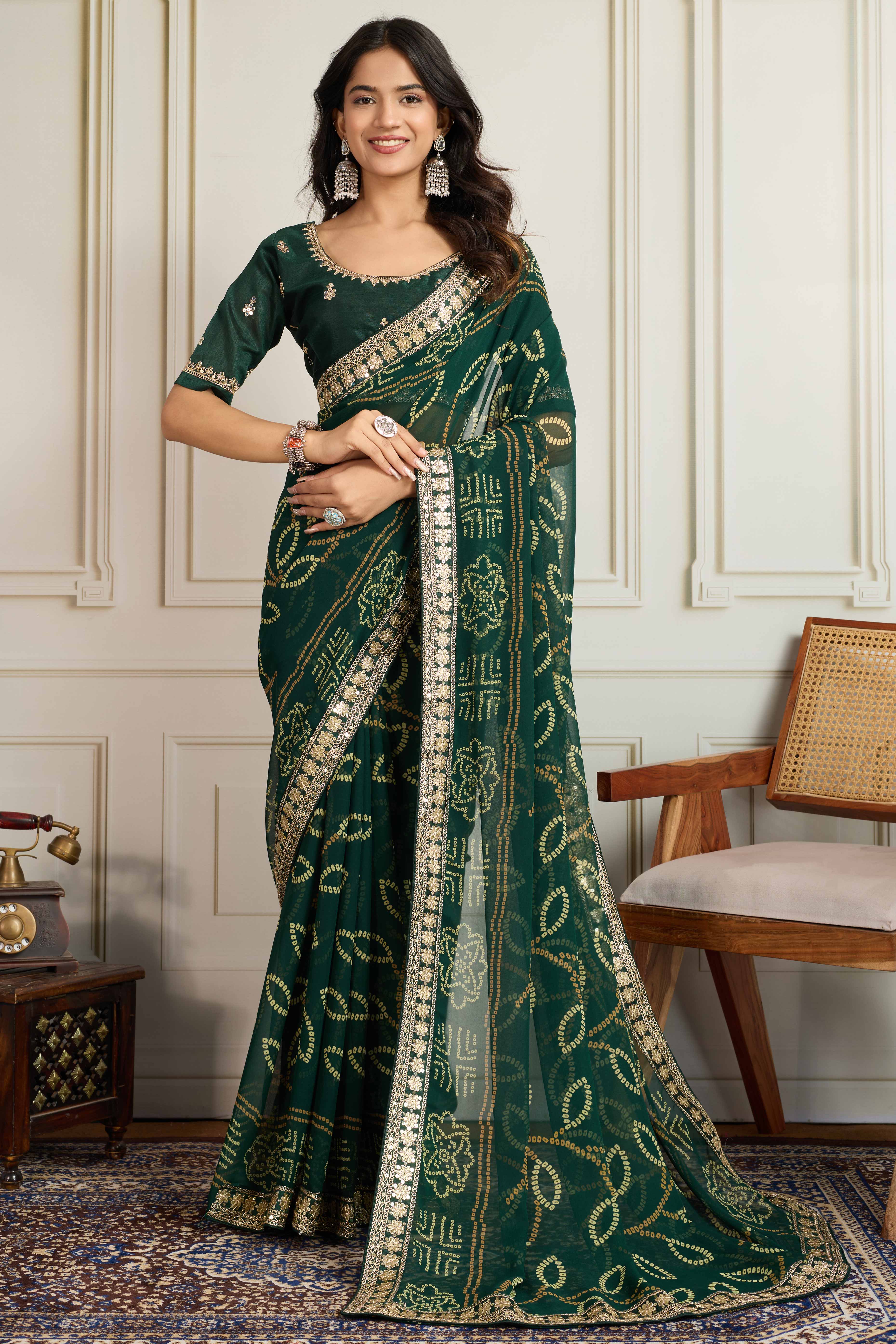 Dark Green Bandhani Digital Printed Georgette Saree Enhanced With Cording Embroidered Border