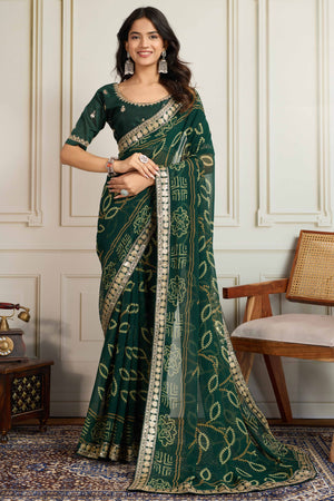 Dark Green Bandhani Digital Printed Georgette Saree Enhanced With Cording Embroidered Border
