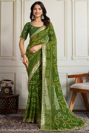 Green Bandhani Digital Printed Georgette Saree Enhanced With Cording Embroidered Border
