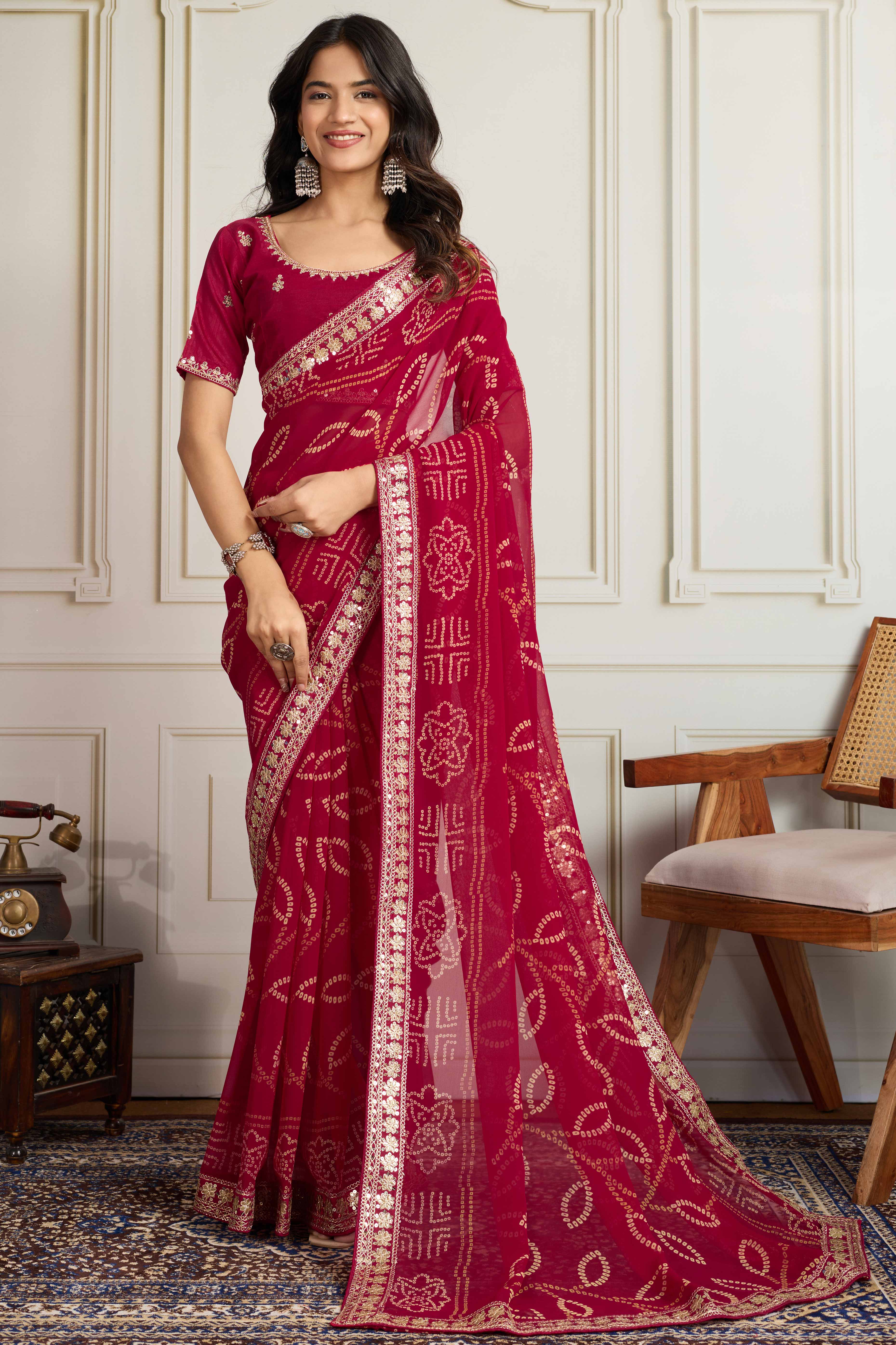 Pink Bandhani Digital Printed Georgette Saree Enhanced With Cording Embroidered Border