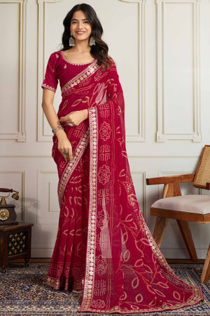 Pink Bandhani Digital Printed Georgette Saree Enhanced With Cording Embroidered Border