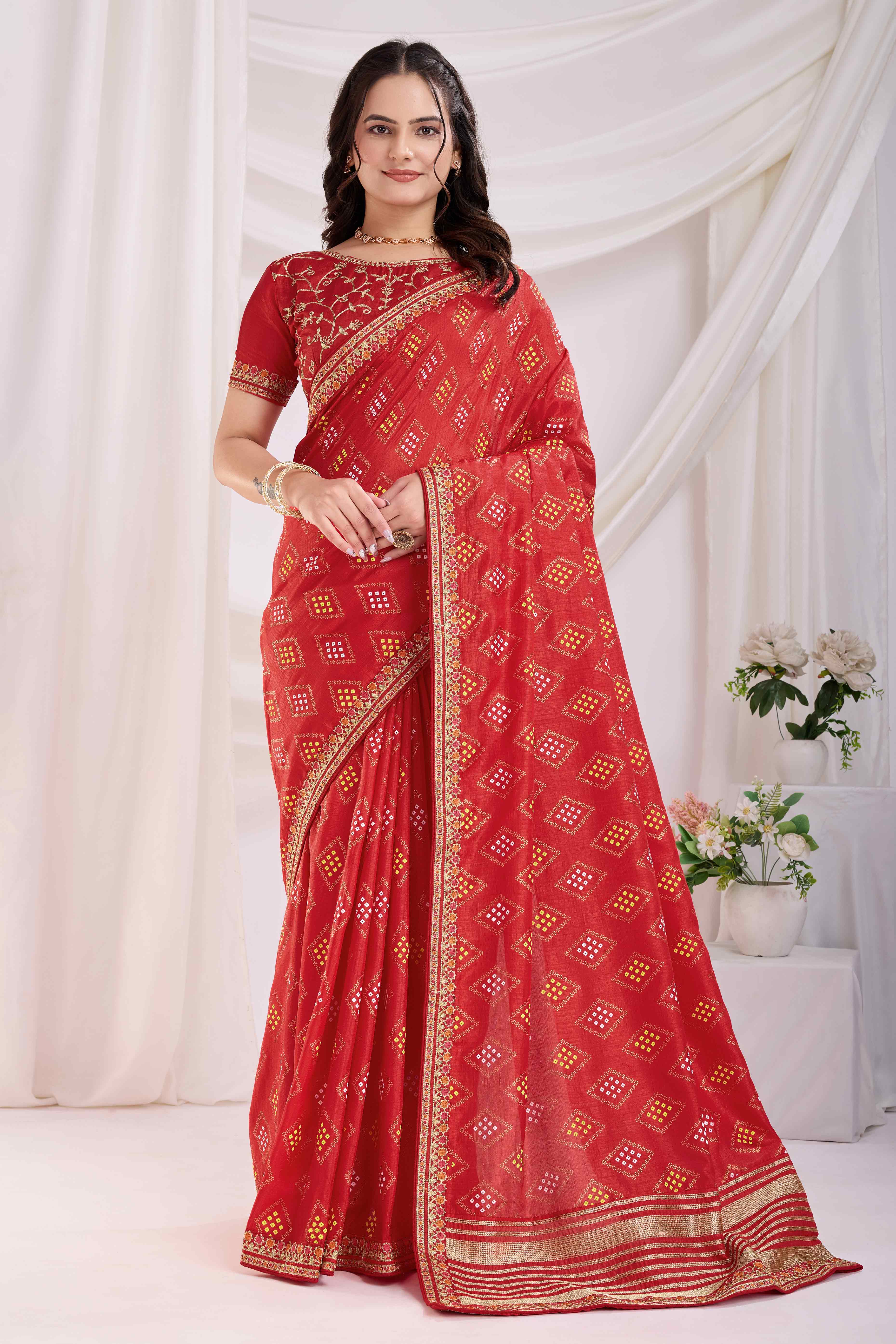 Red Bandhani Printed Vichitra Silk Saree With Embroidery Border