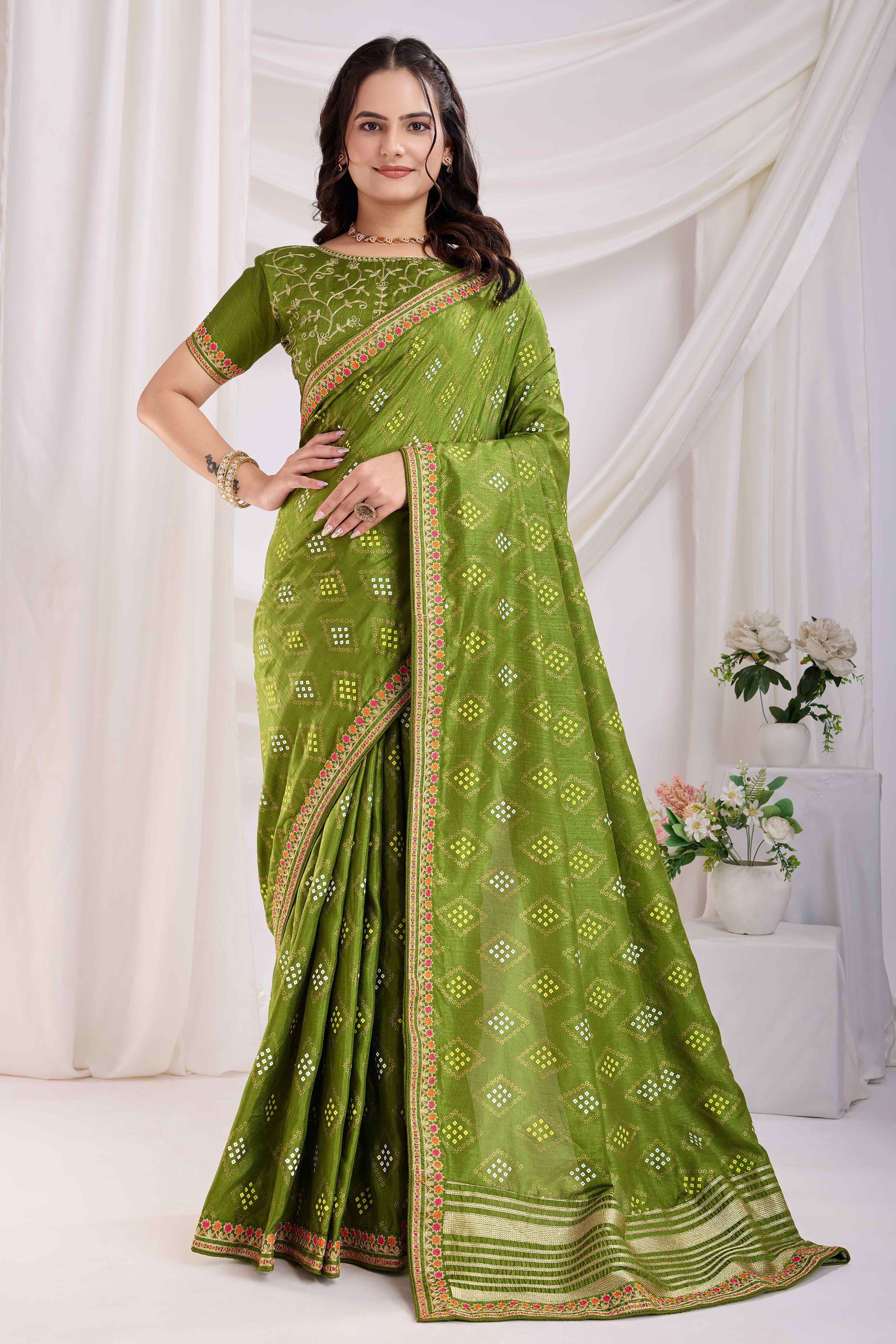 Green Bandhani Printed Vichitra Silk Saree With Embroidery Border