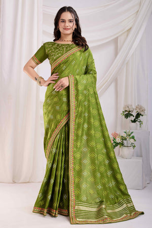 Green Bandhani Printed Vichitra Silk Saree With Embroidery Border