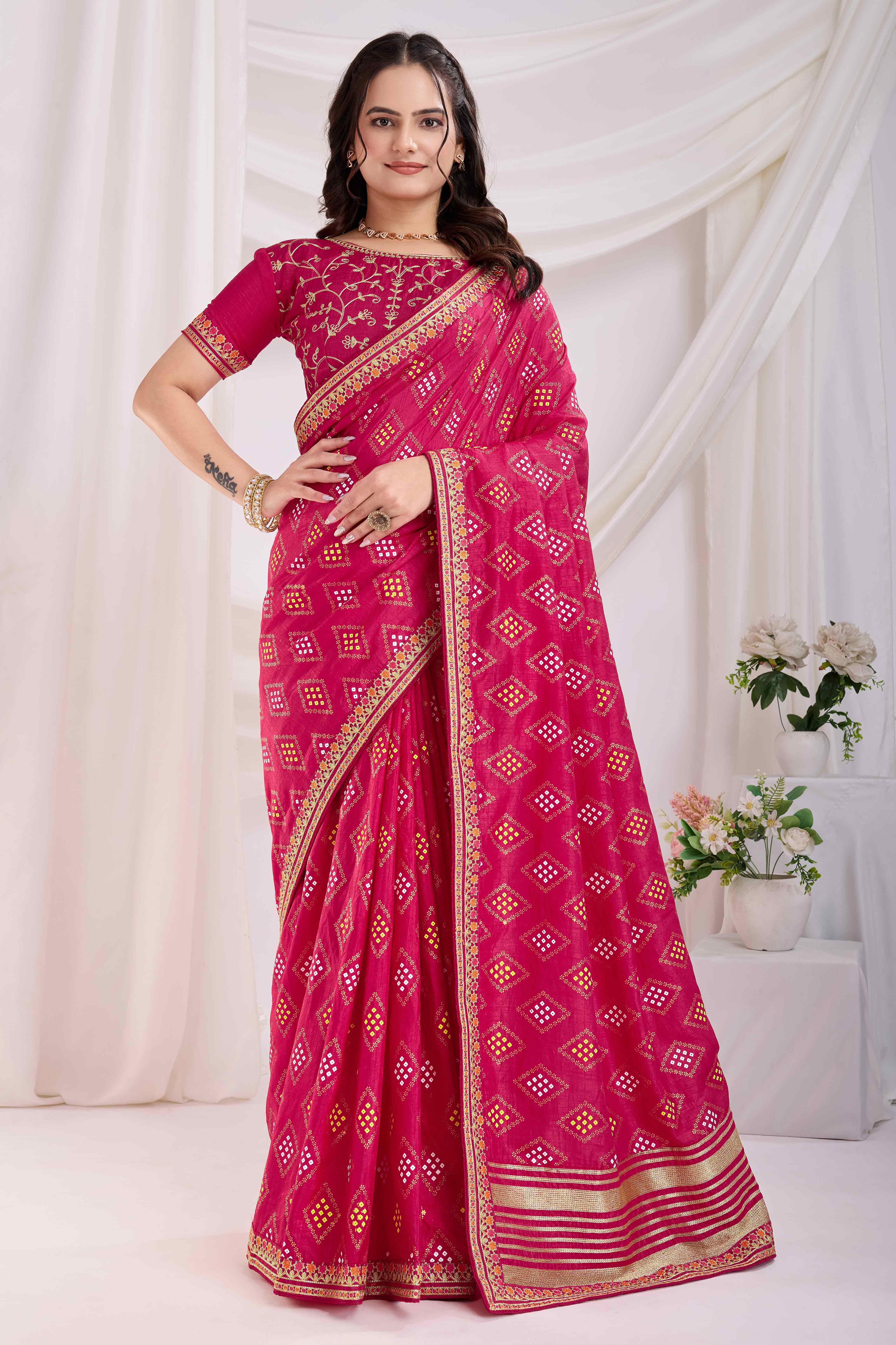 22Pink Bandhani Printed Vichitra Silk Saree With Embroidery Border