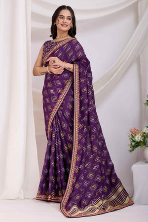 Purple Bandhani Printed Vichitra Silk Saree With Embroidery Border