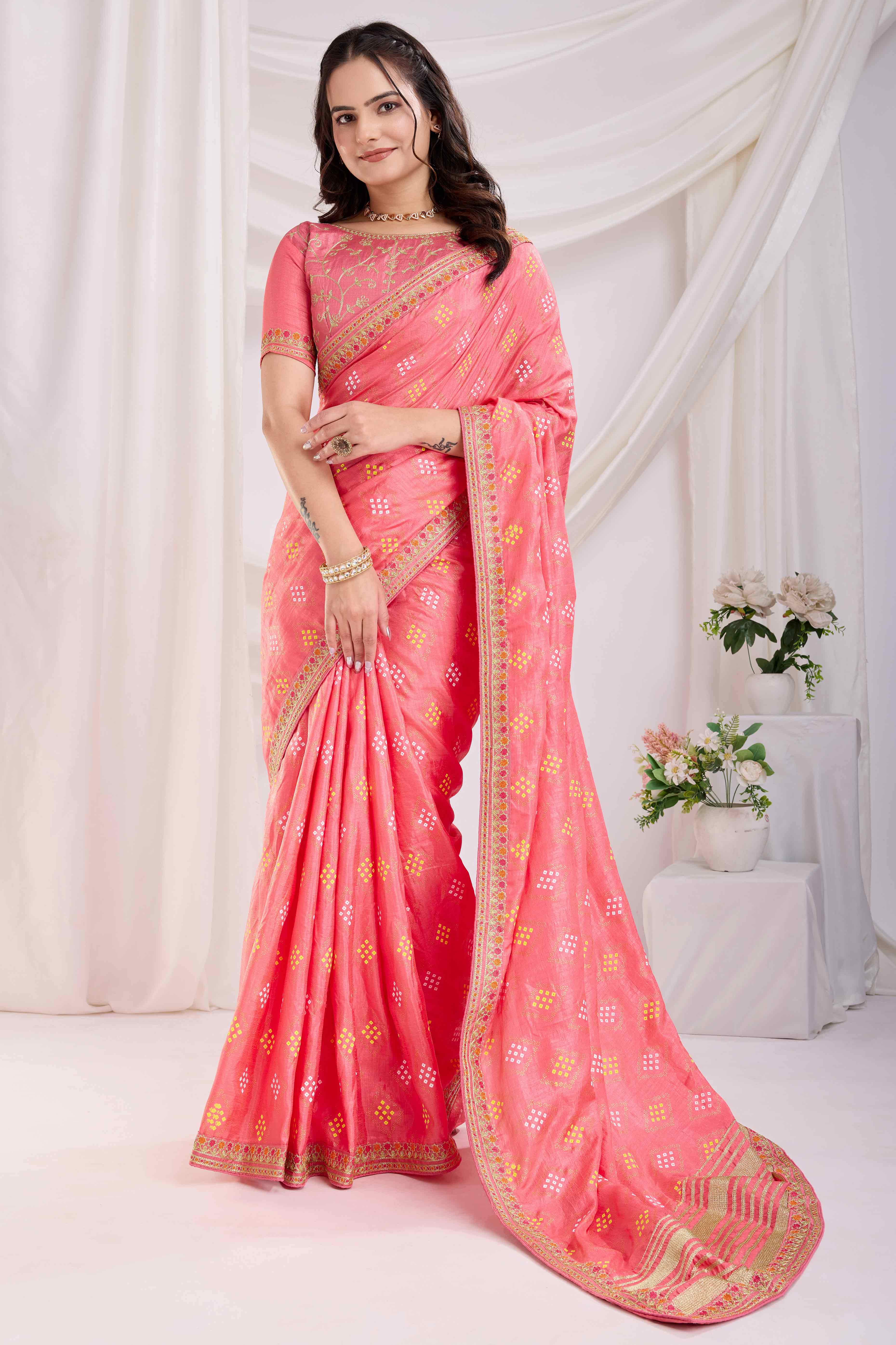 Peach Bandhani Printed Vichitra Silk Saree With Embroidery Border