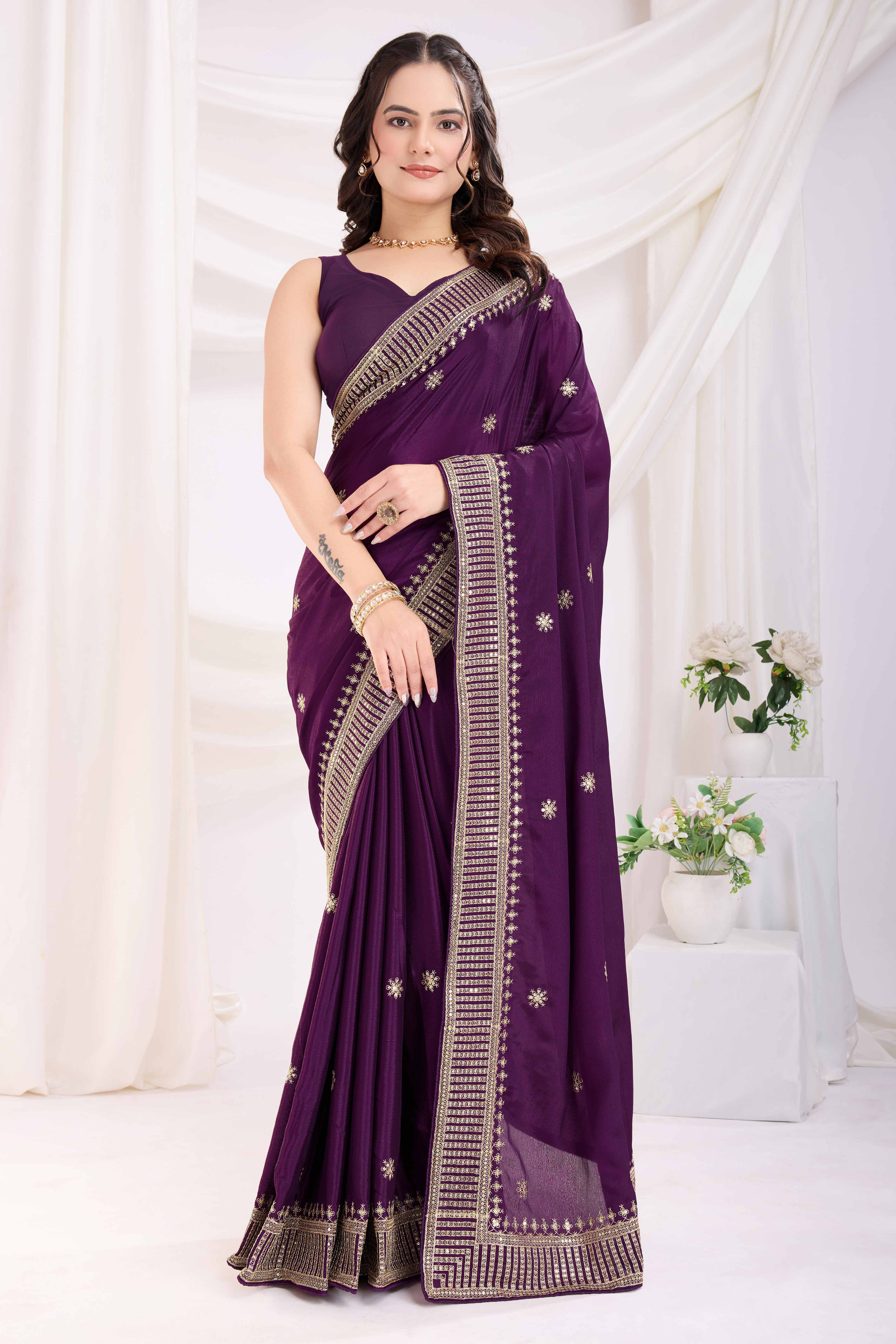 Wine Saree In Chinon Silk Featuring Delicate Floral Embroidery & Sparkling Sequins