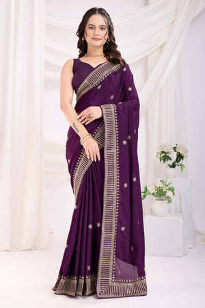 Wine Saree In Chinon Silk Featuring Delicate Floral Embroidery & Sparkling Sequins