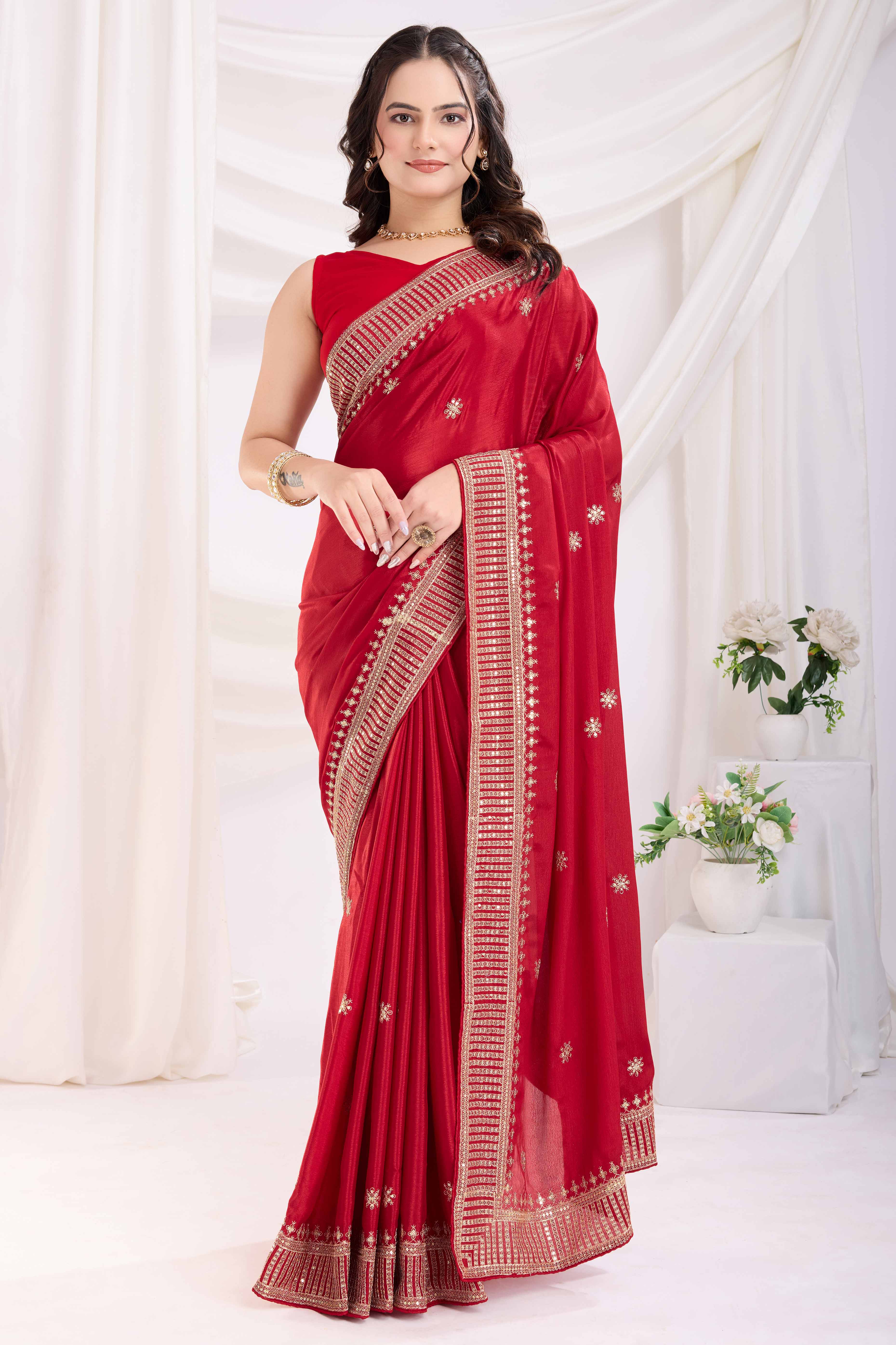 Red Saree In Chinon Silk Featuring Delicate Floral Embroidery & Sparkling Sequins