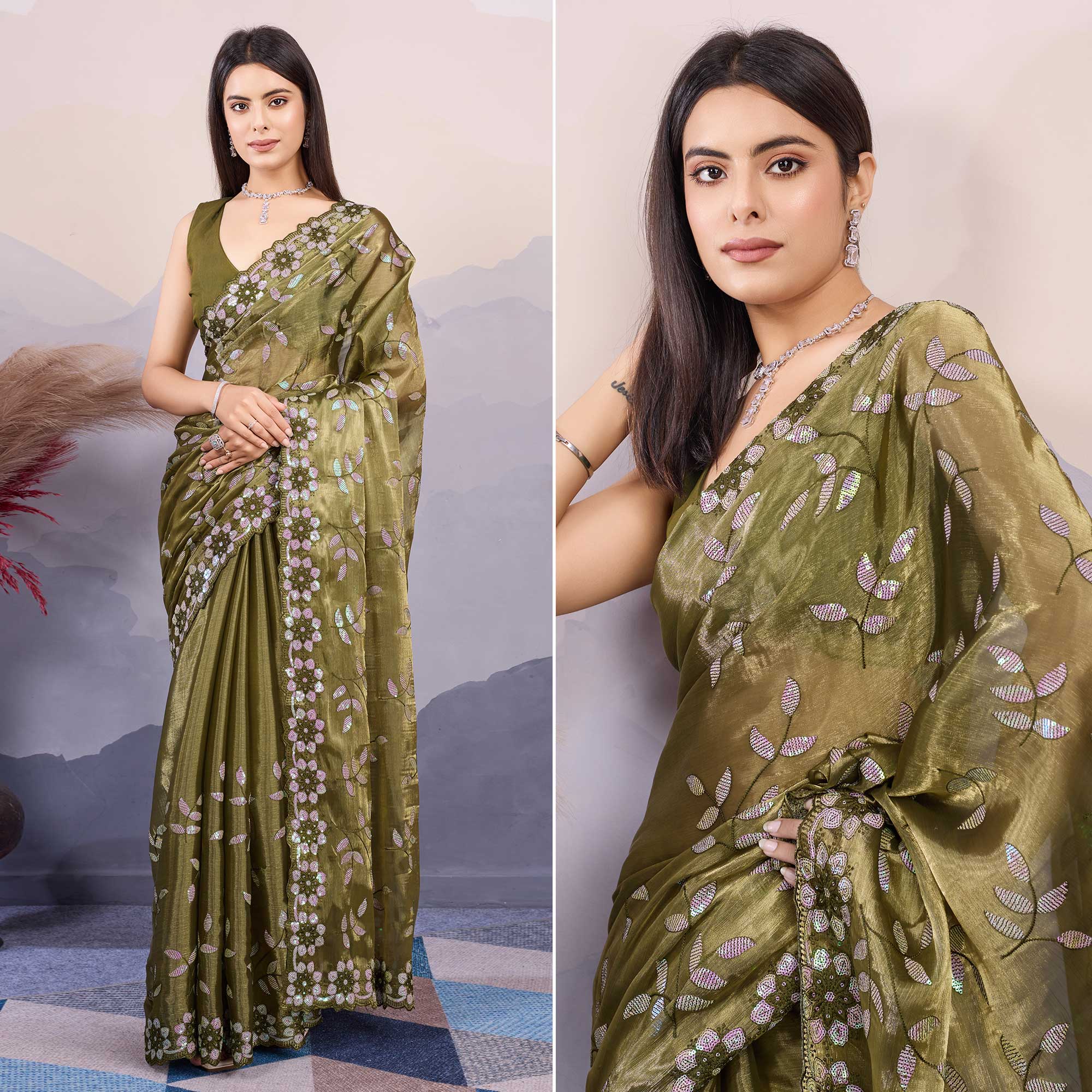 Mehandi Green Sequins Embroidered Art Silk Saree