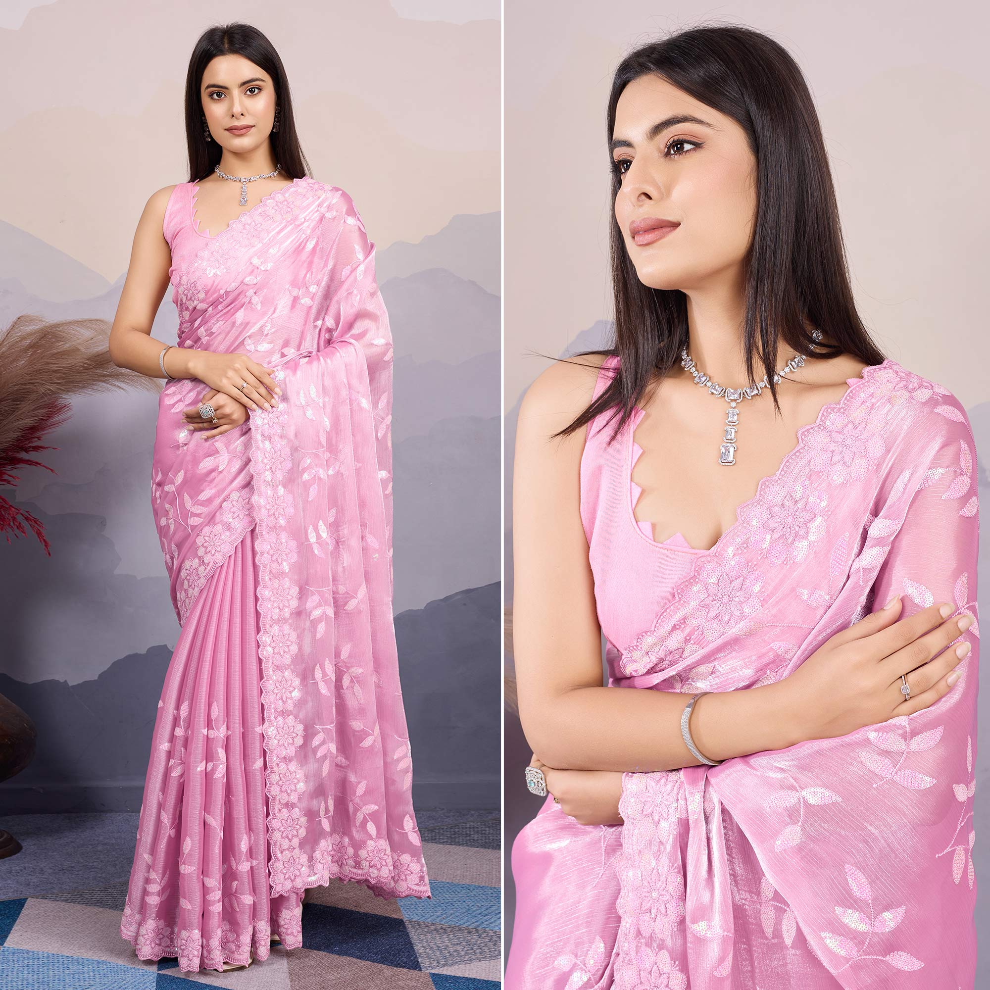 Pink Sequins Embroidered Art Silk Saree