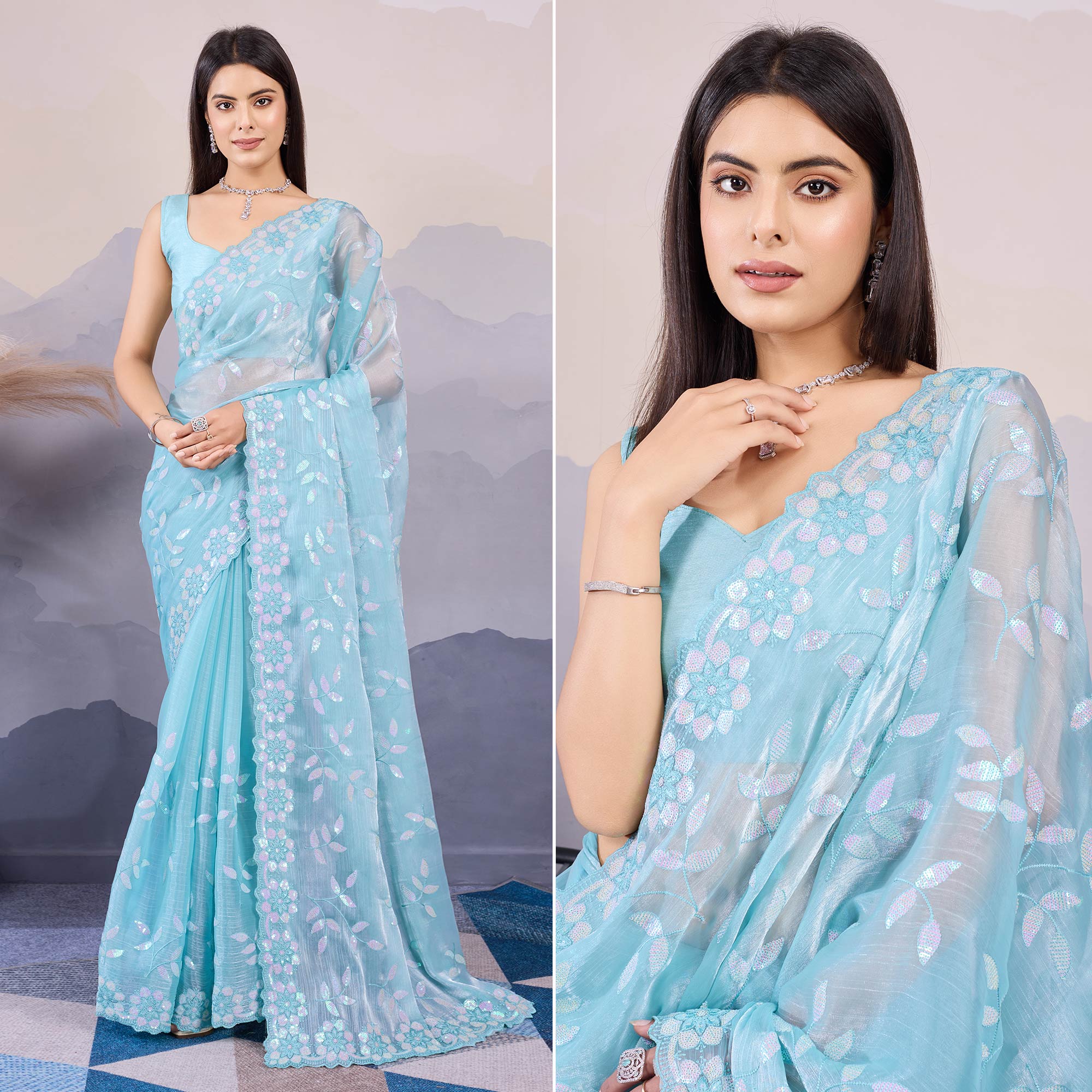 Sky Blue Sequins Embroidered Art Silk Saree