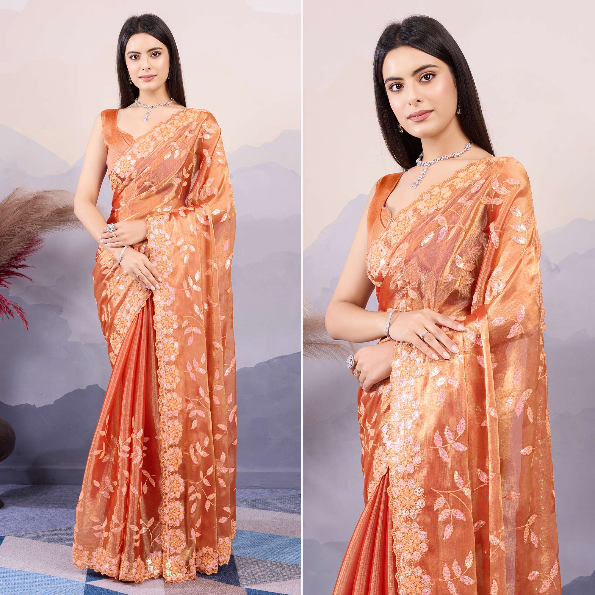 Burnt Orange Sequins Embroidered Art Silk Saree