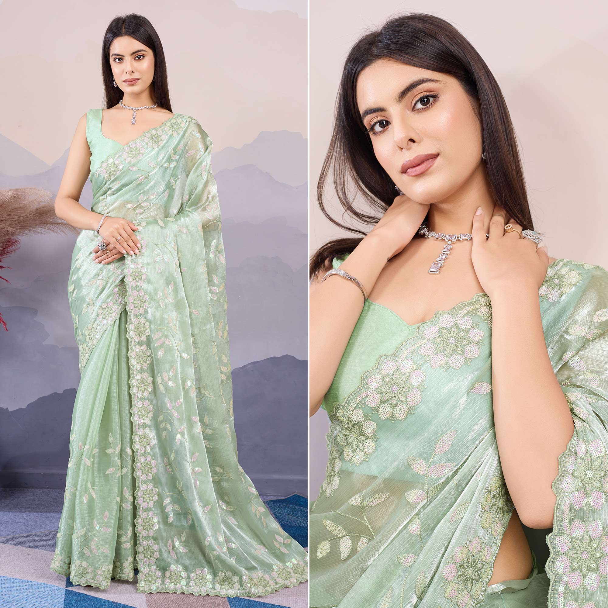 Mint Green Sequins Embroidered Art Silk Saree