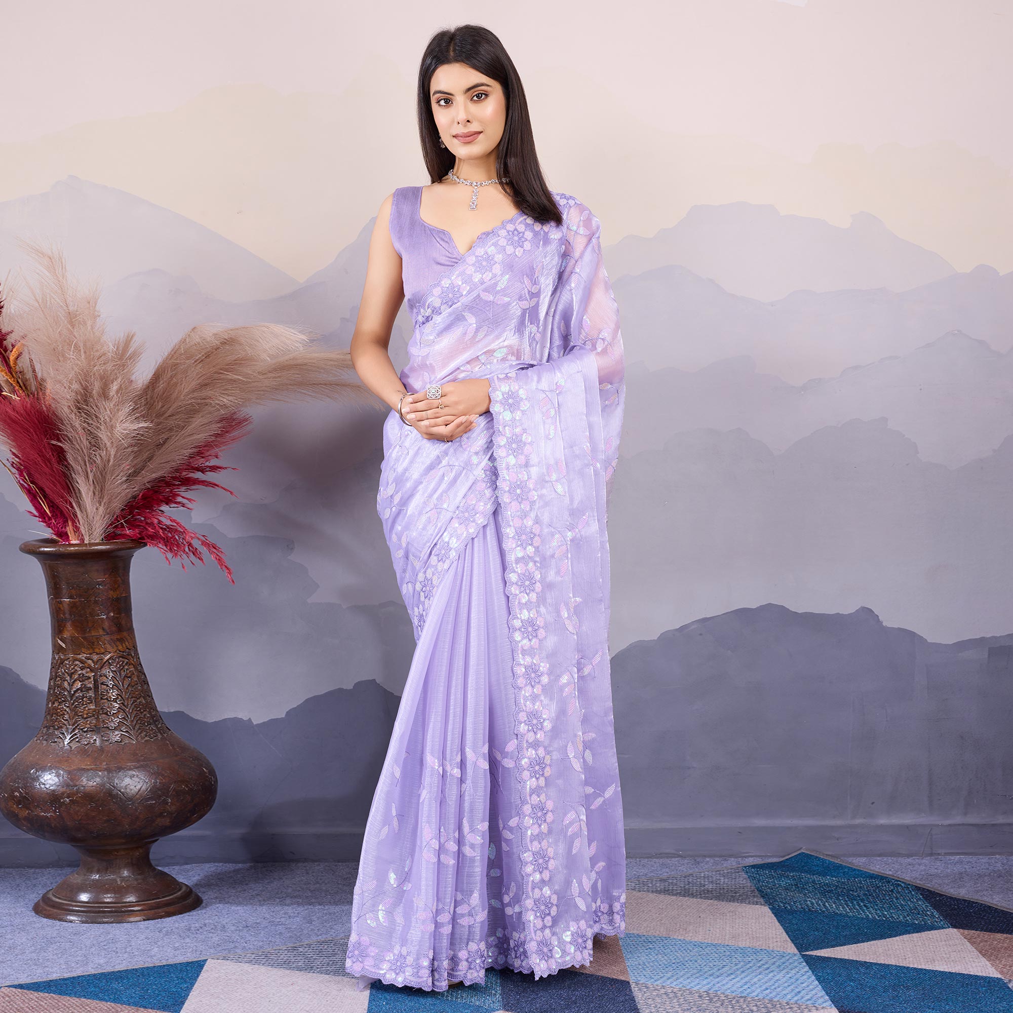 Lavender Sequins Embroidered Art Silk Saree