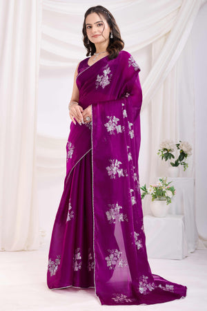 Purple Saree With Exquisite Floral Sequins Embroidery On Luxe Jimmy Choo Silk Blend