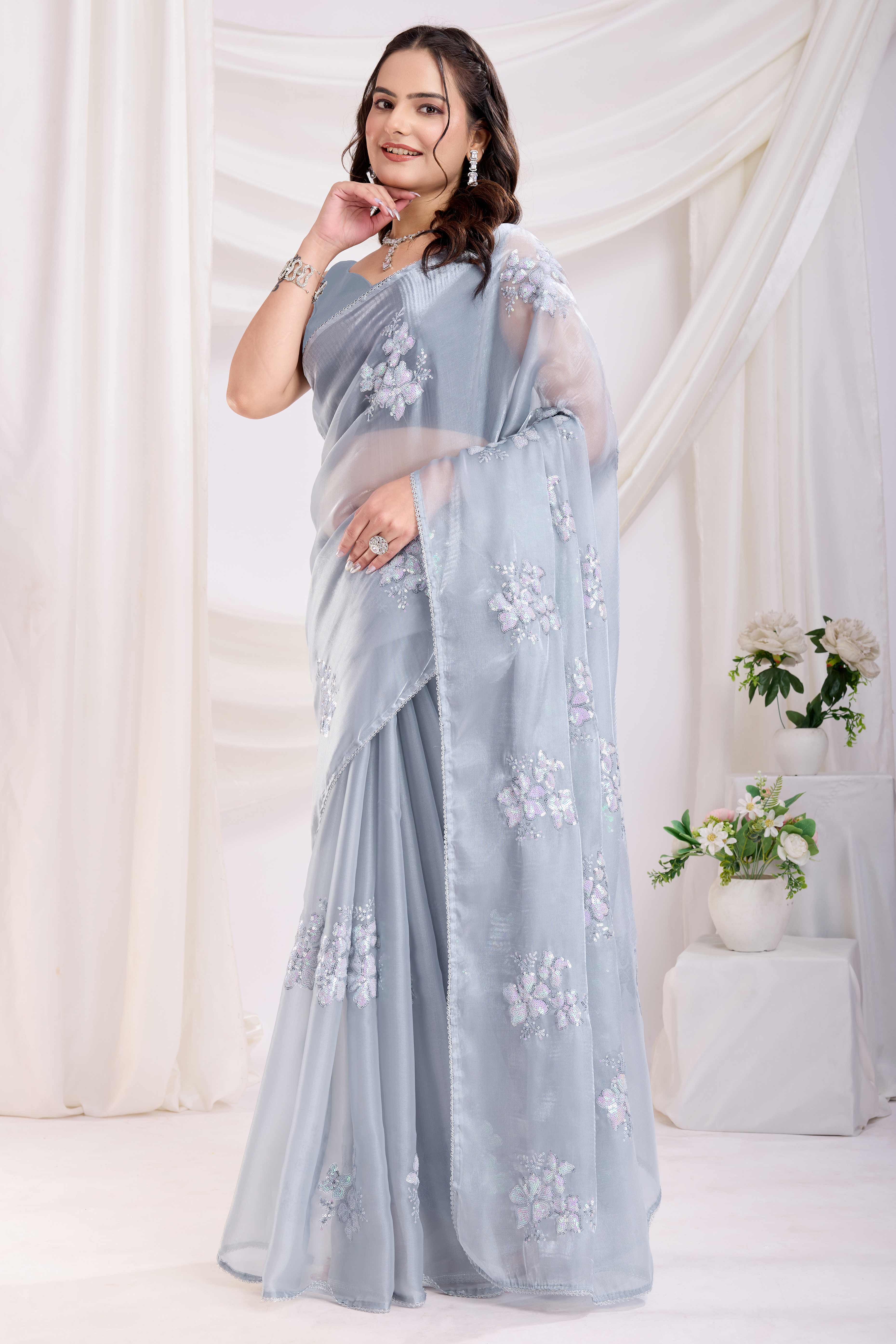 Grey Saree With Exquisite Floral Sequins Embroidery On Luxe Jimmy Choo Silk Blend