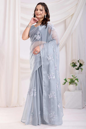 Grey Saree With Exquisite Floral Sequins Embroidery On Luxe Jimmy Choo Silk Blend