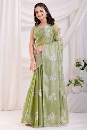 Green Saree With Exquisite Floral Sequins Embroidery On Luxe Jimmy Choo Silk Blend