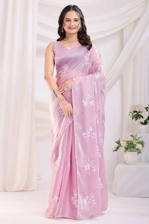 Pink Saree With Exquisite Floral Sequins Embroidery On Luxe Jimmy Choo Silk Blend