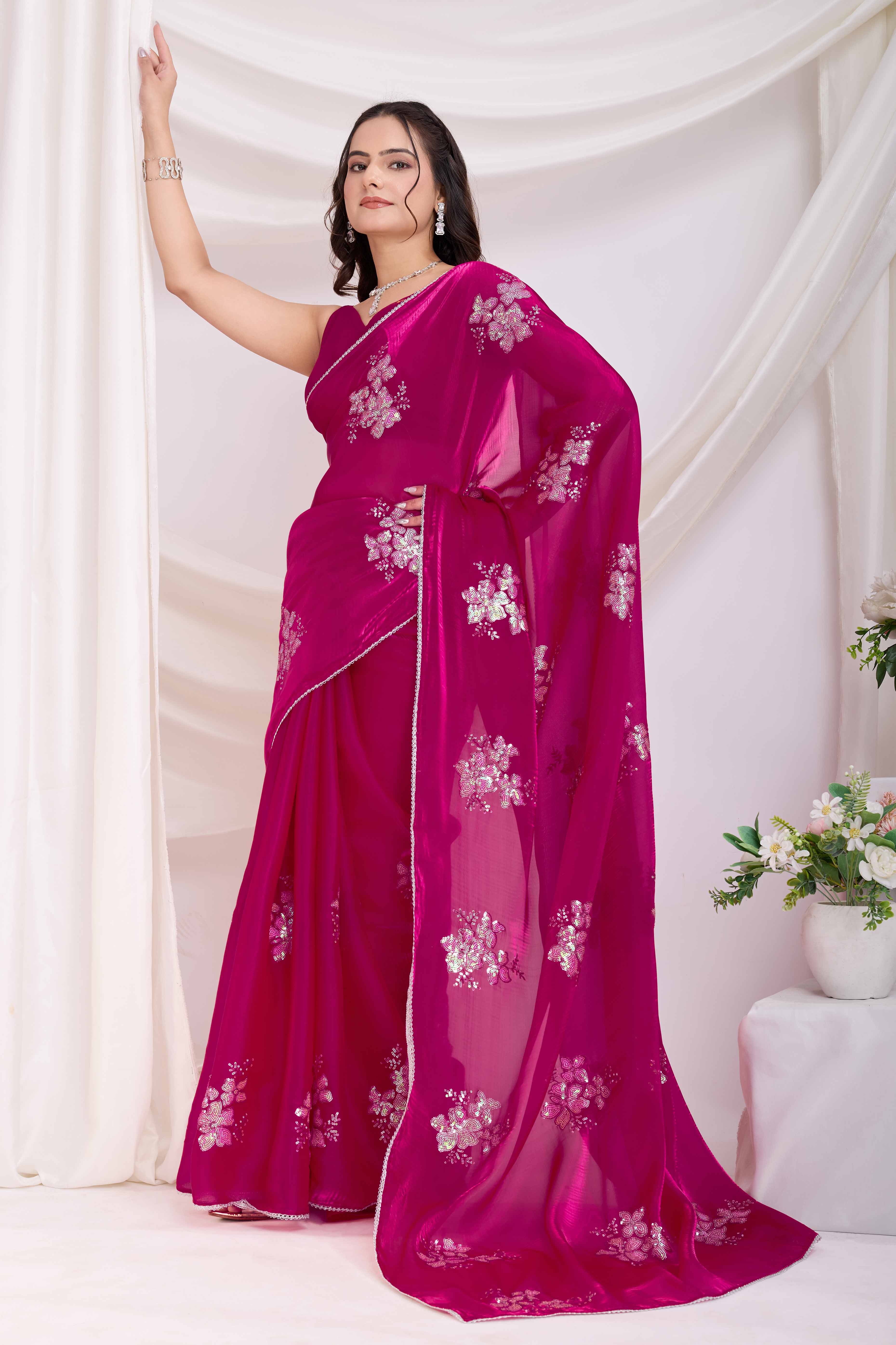Rani Pink Saree With Exquisite Floral Sequins Embroidery On Luxe Jimmy Choo Silk Blend