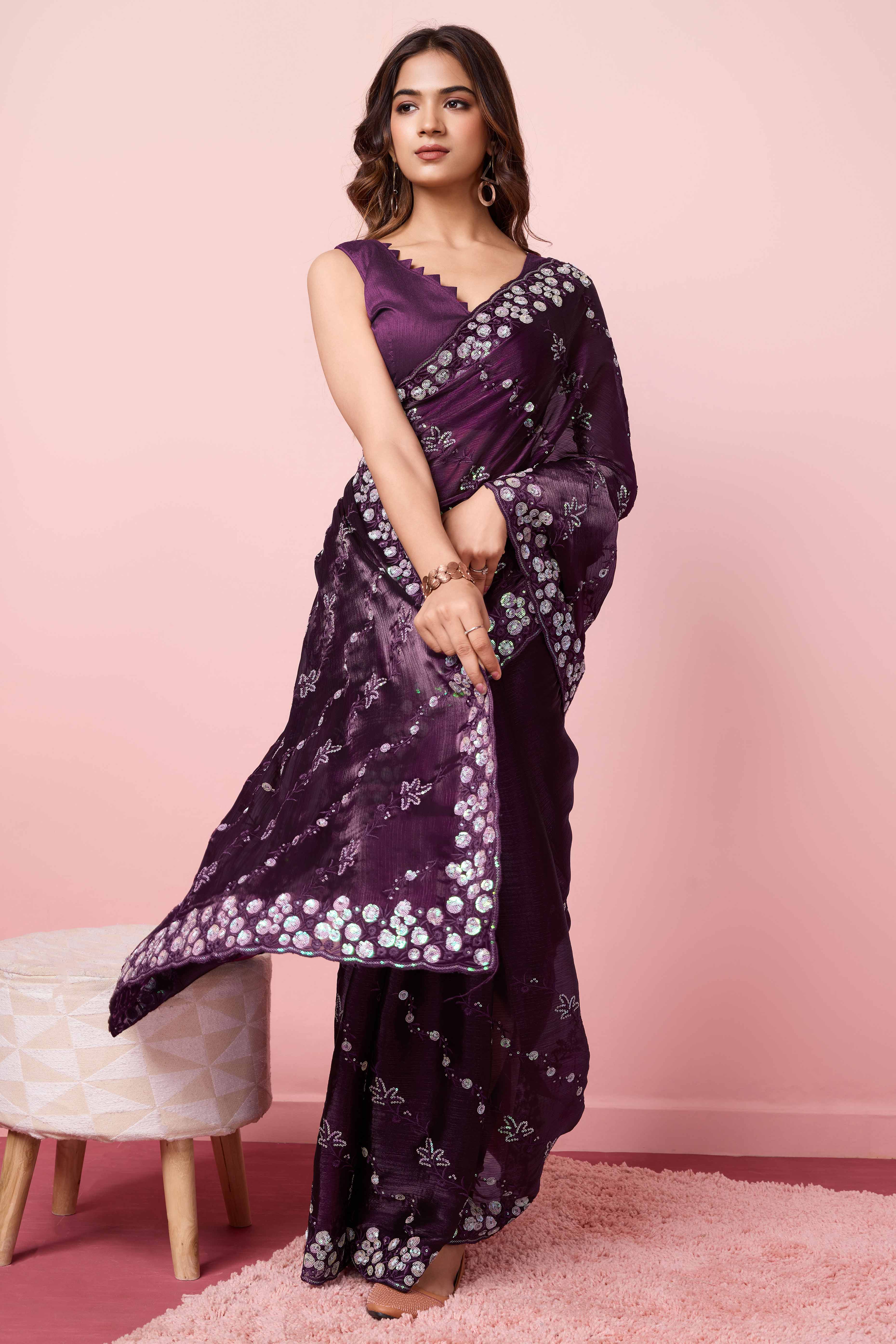 Wine Floral Sequins Embroidered Burberry Silk Saree