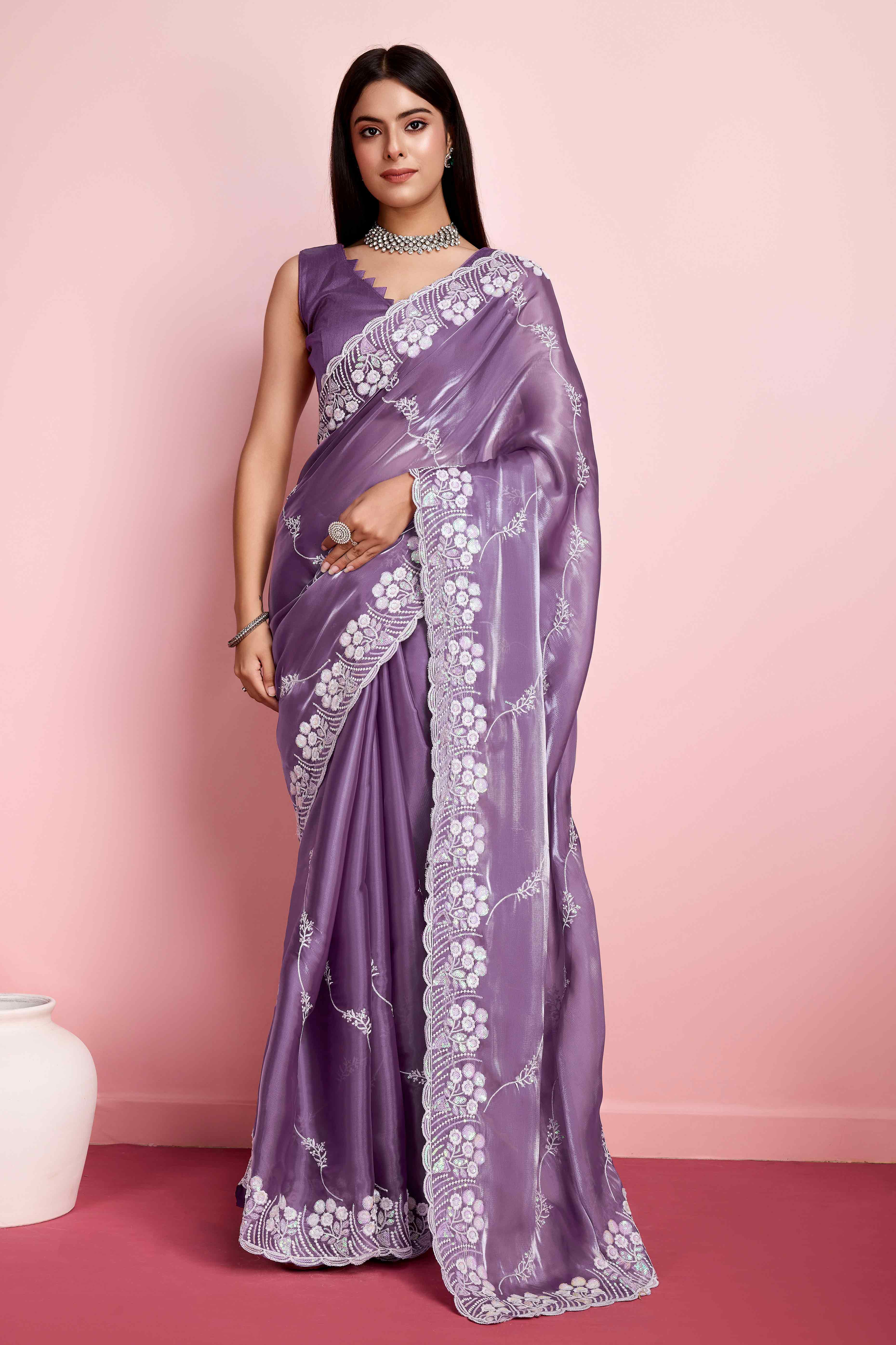 Lavender Floral Sequins Embroidered Jimmy Choo Tissue Saree