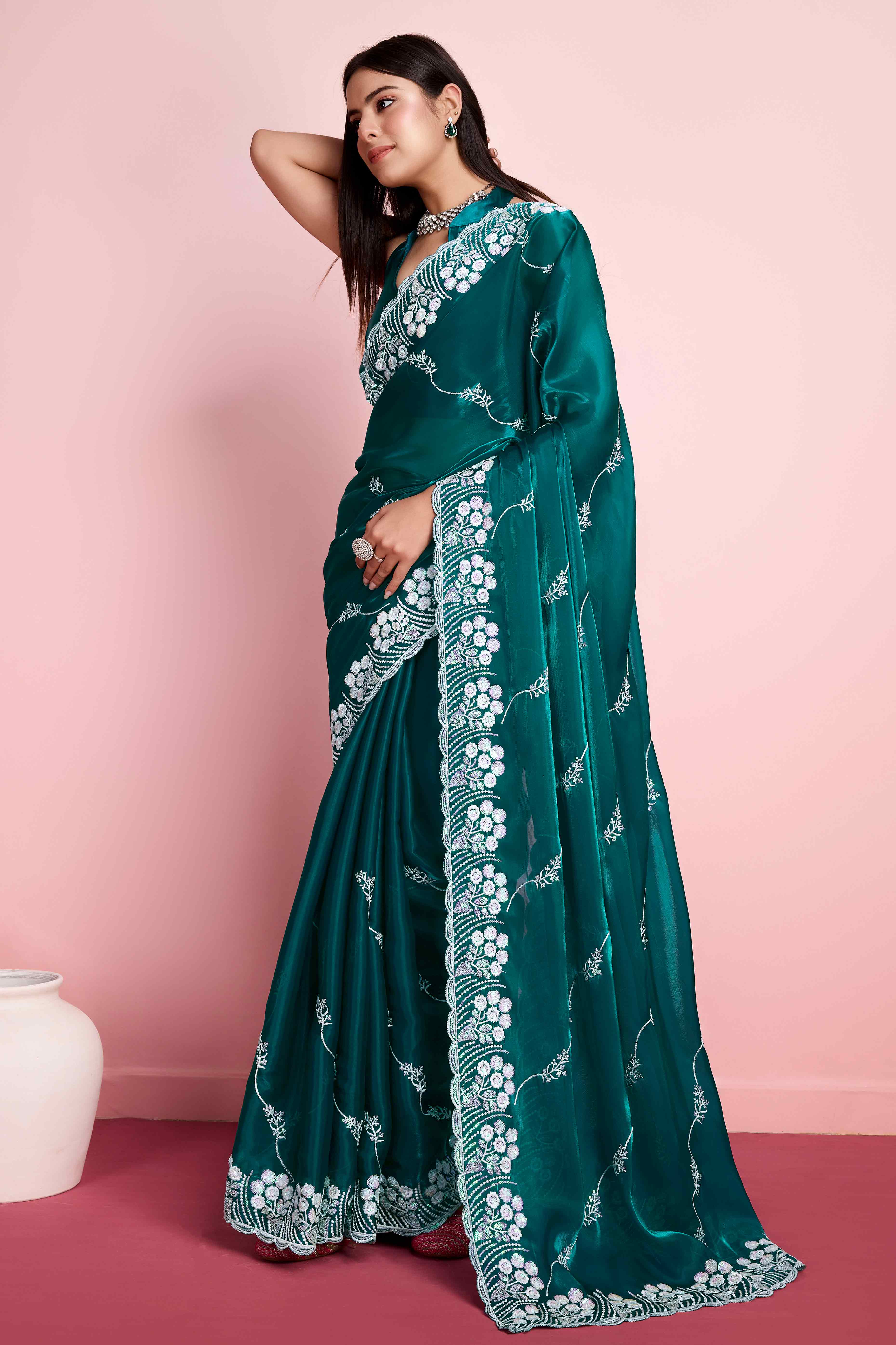 Teal Green Floral Sequins Embroidered Jimmy Choo Tissue Saree