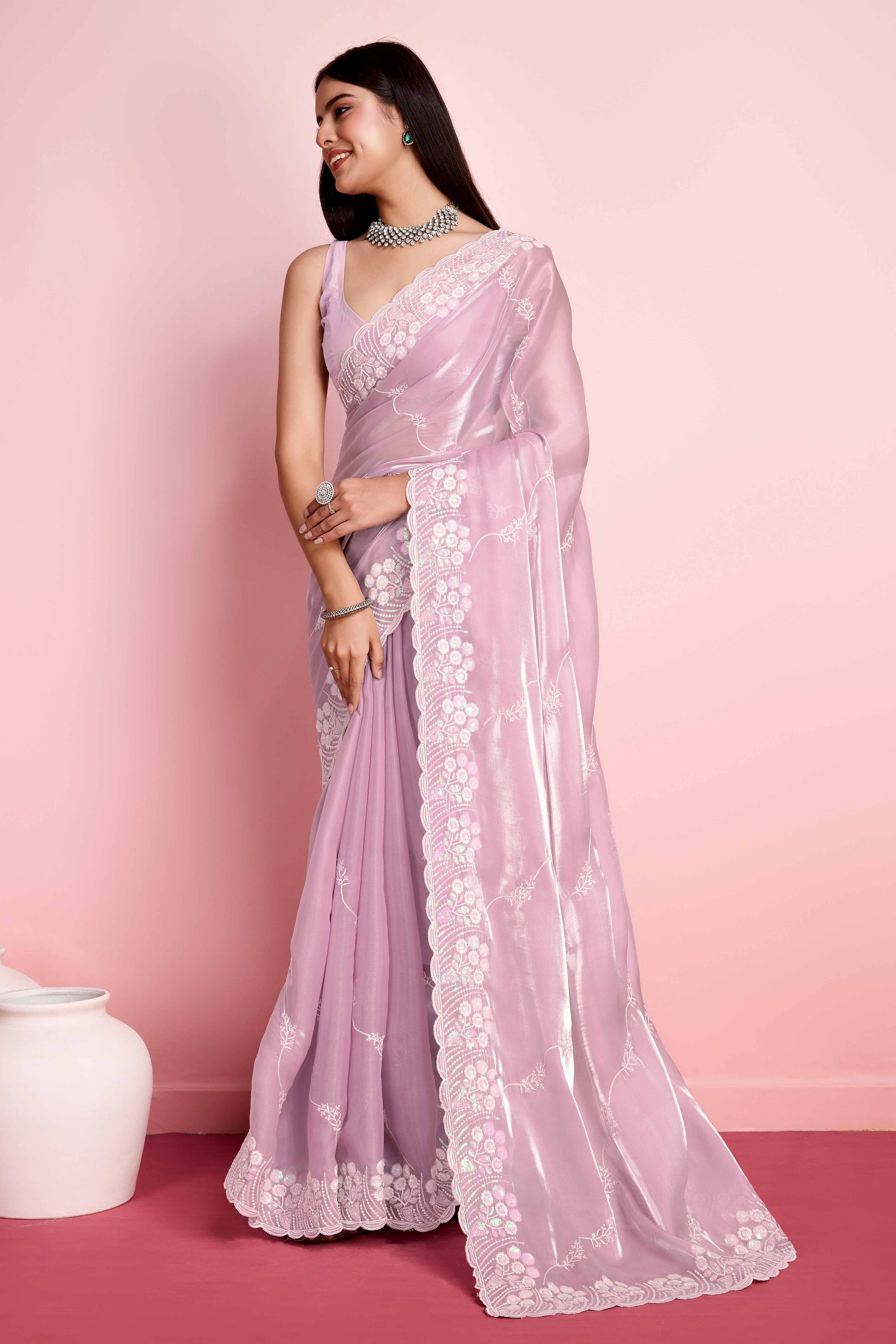 Pink Floral Sequins Embroidered Jimmy Choo Tissue Saree